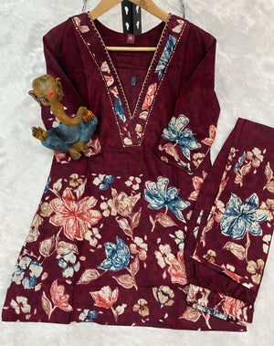 Pure Cotton Printed Co-Ords Set – Maroon