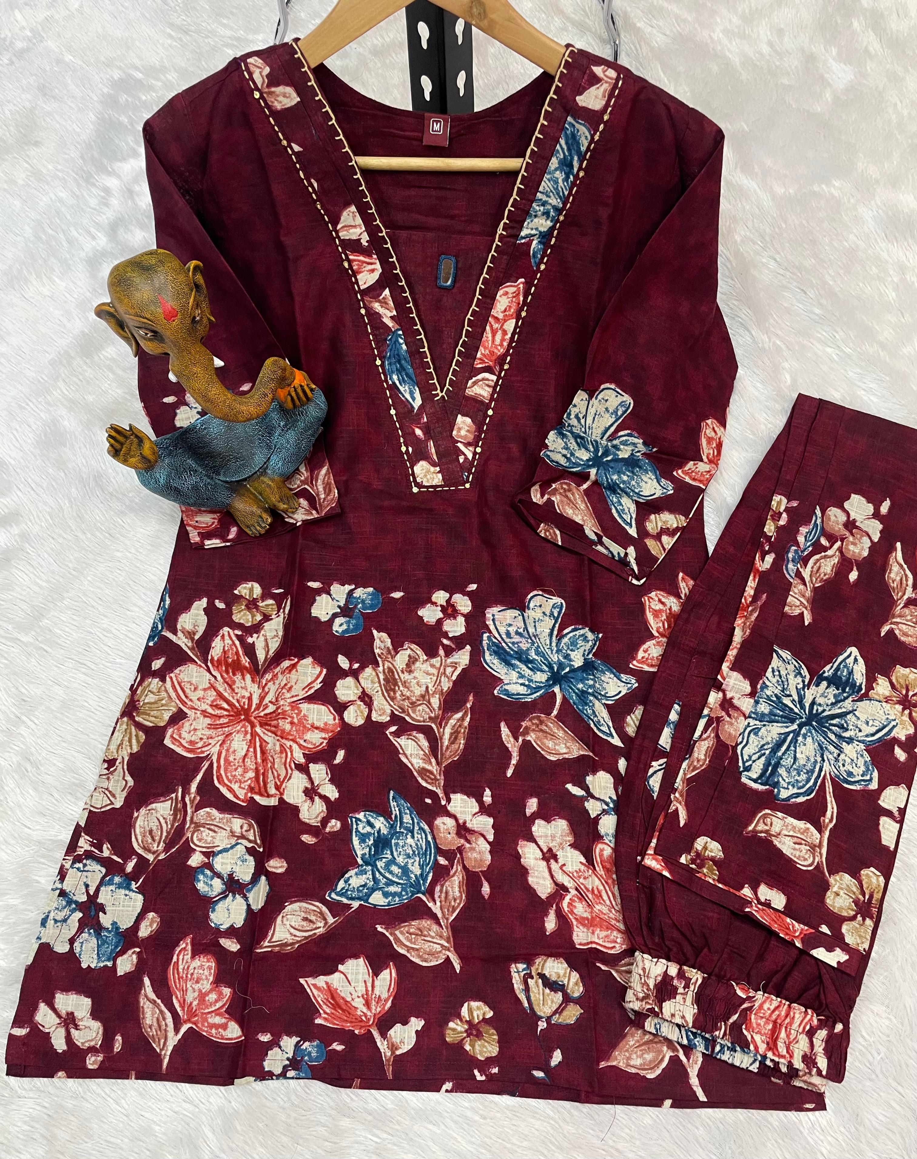 Pure Cotton Printed Co-Ords Set – Maroon
