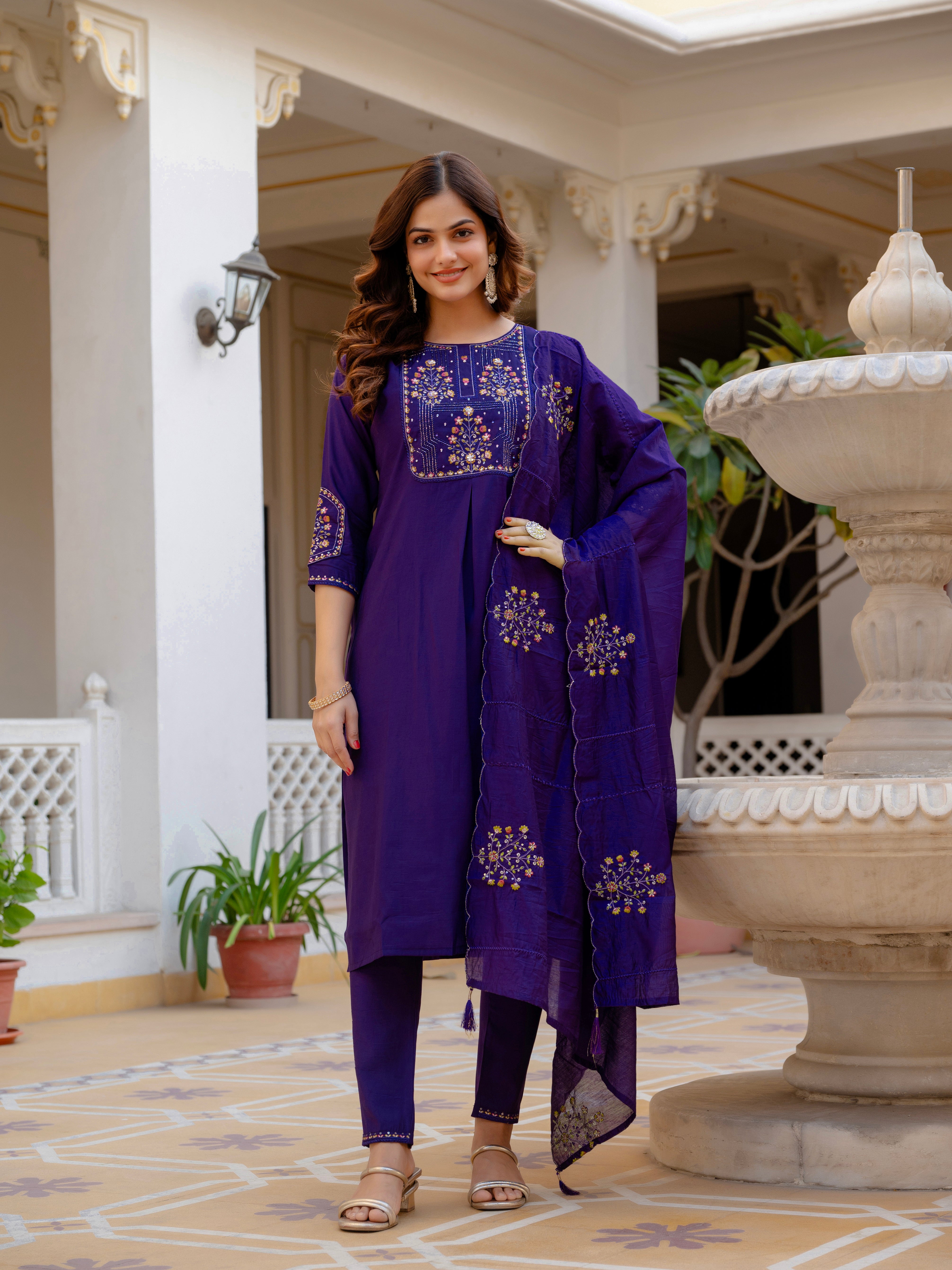 Pure Viscose Mango Silk Embroidered Straight Kurti Set – Violet