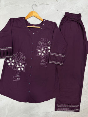 Pure Cotton Embroidered Co-Ords Set – Wine