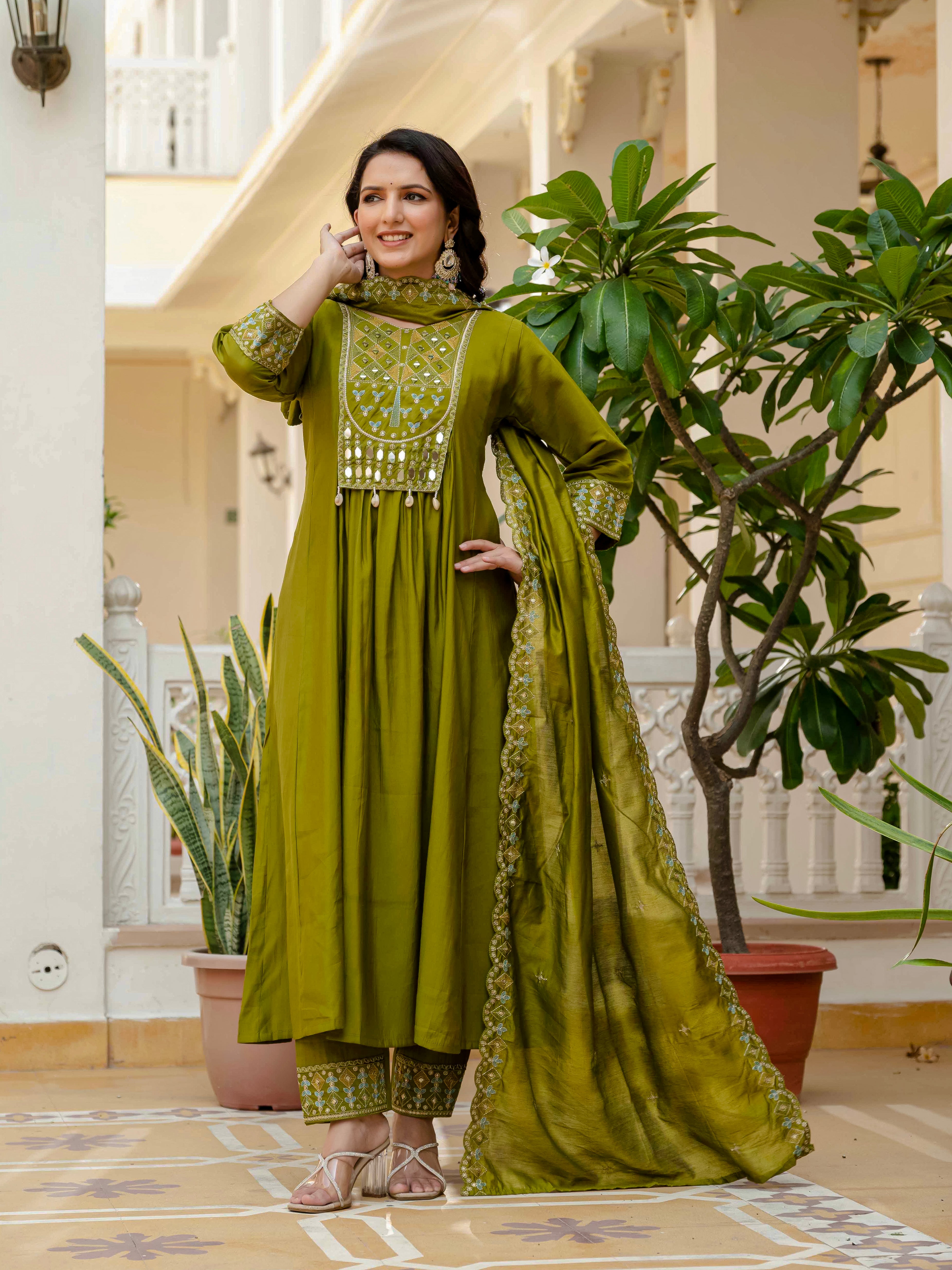 Viscose Roman Silk Embroidered Anarkali Kurti Set – Mahendi