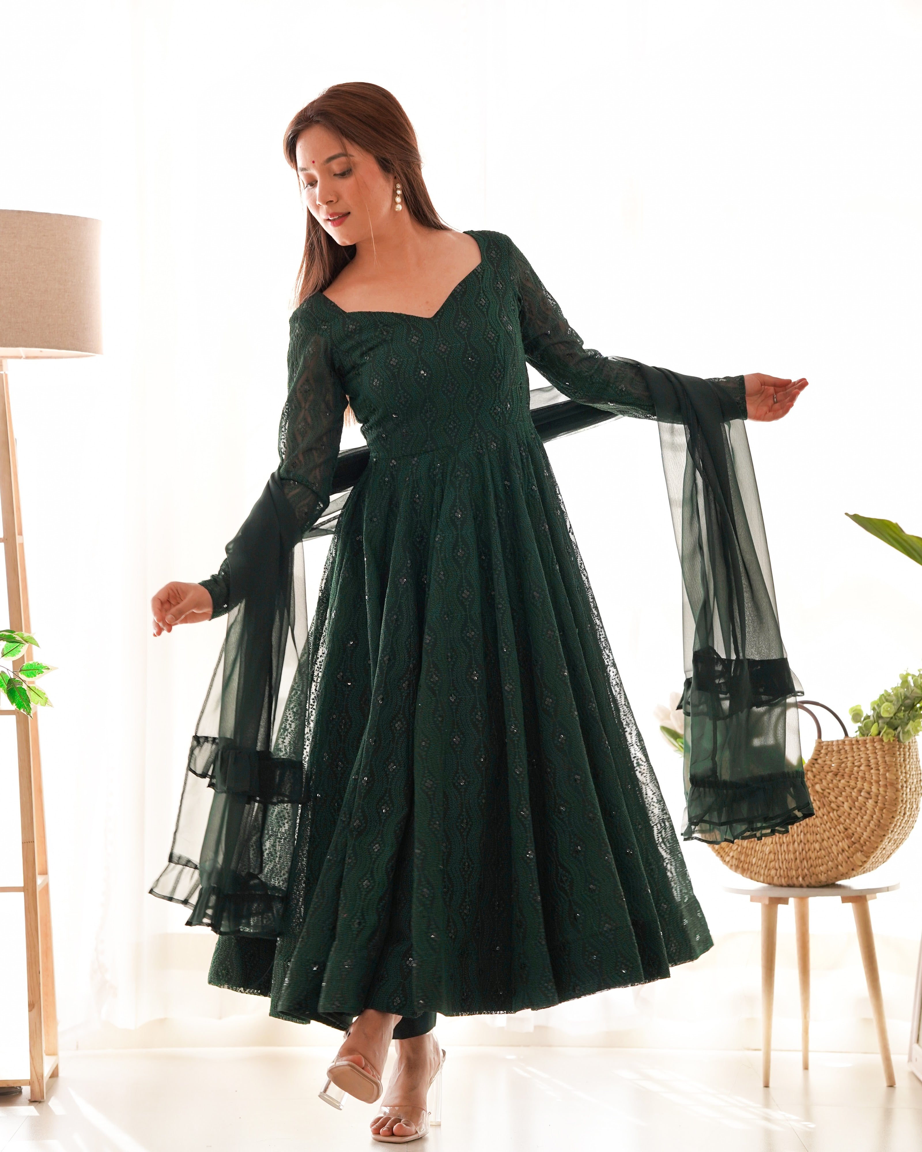 Georgette Embroidered Anarkali Set – Bottle Green