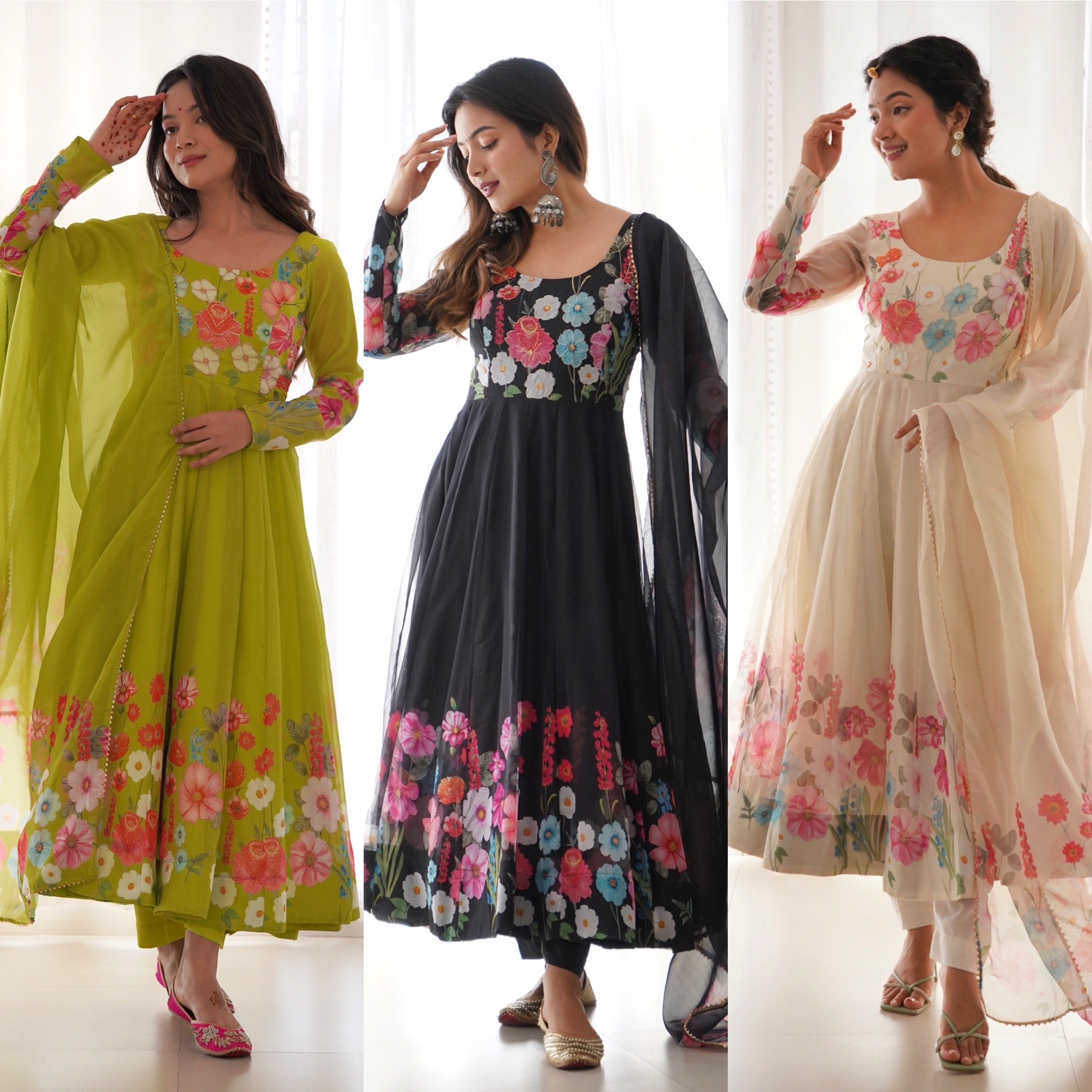 Organza Silk Printed Anarkali Set – Cream