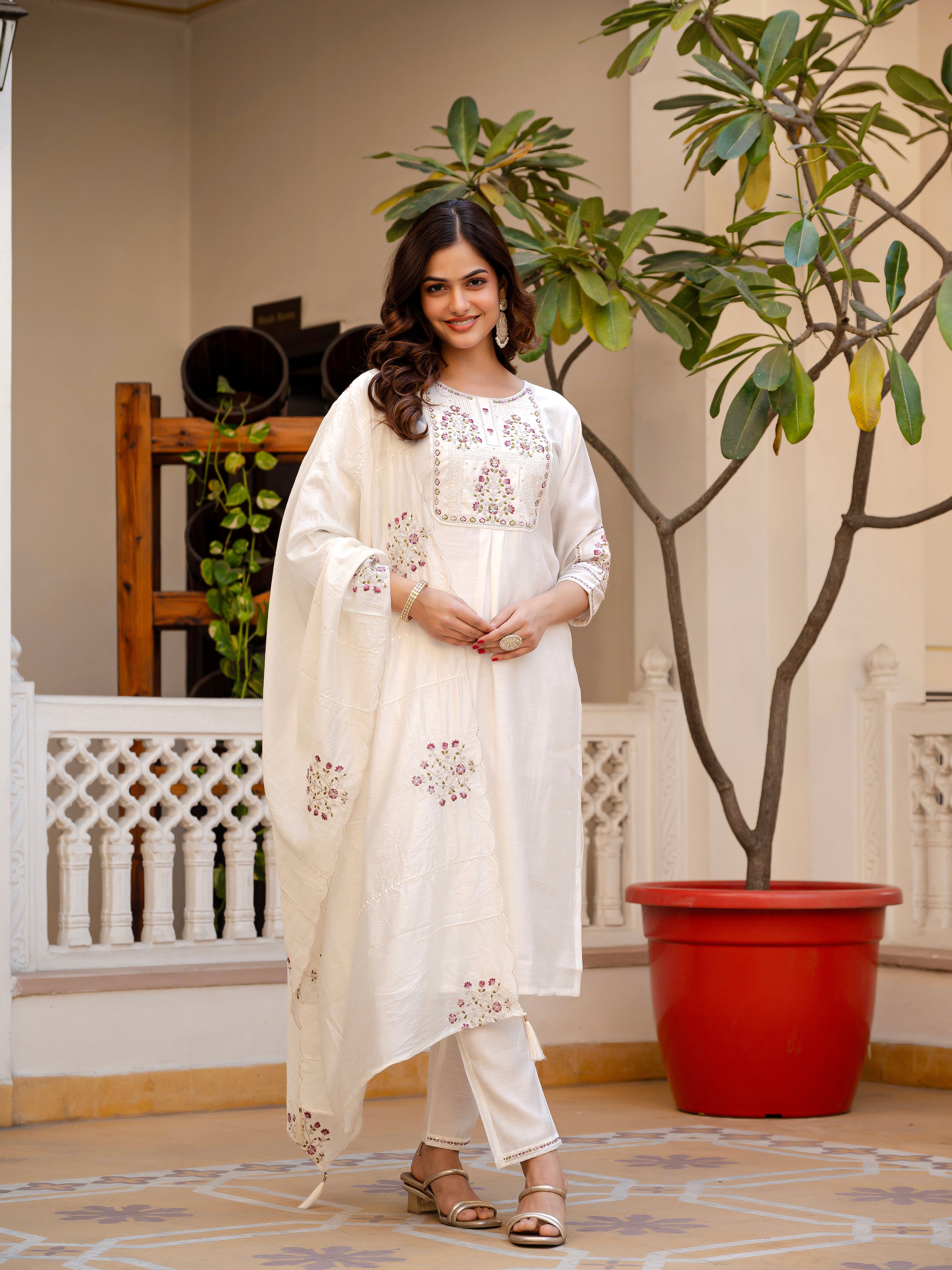 Pure Viscose Mango Silk Embroidered Straight Kurti Set – White