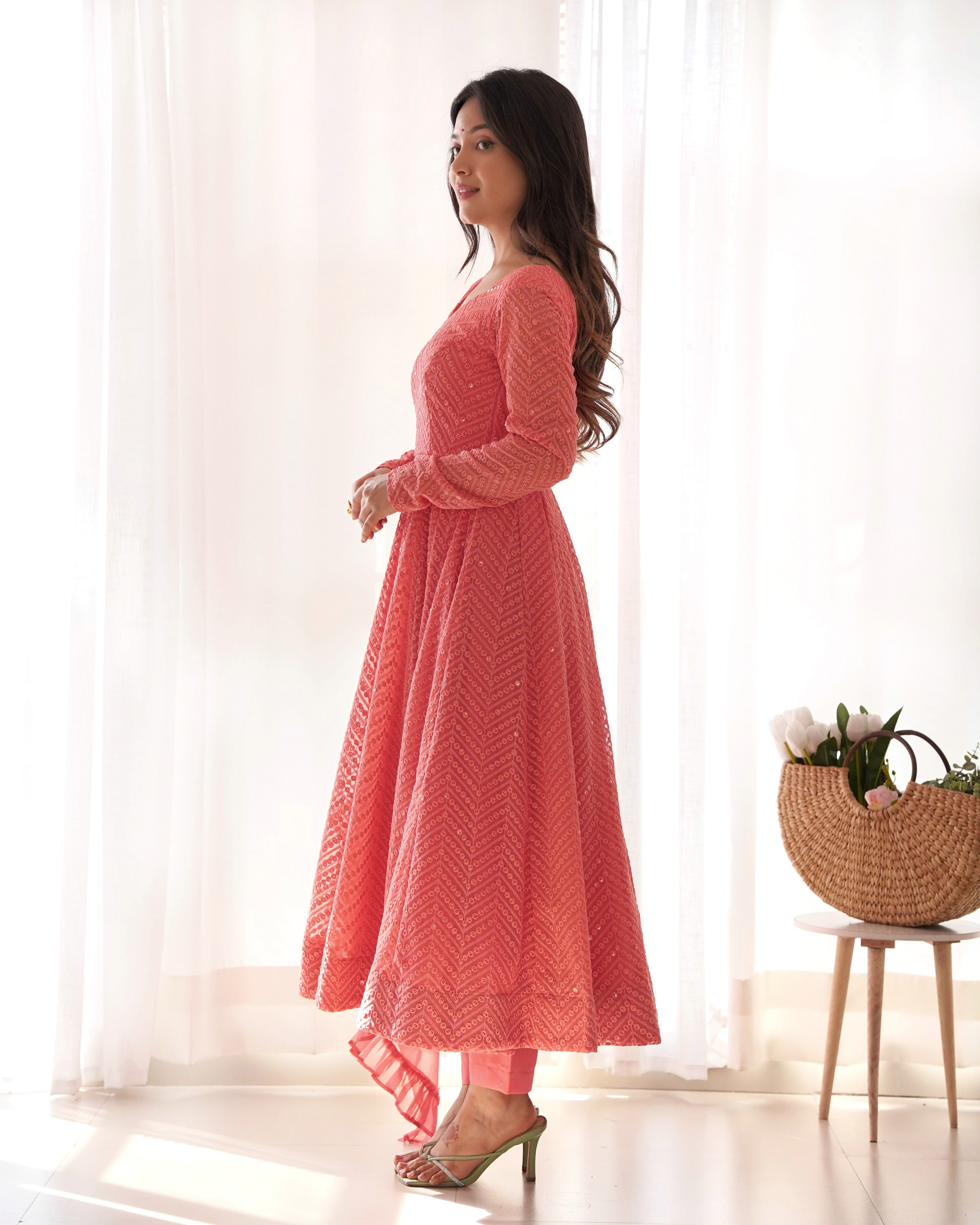 Georgette Embroidered Anarkali Set – Peach