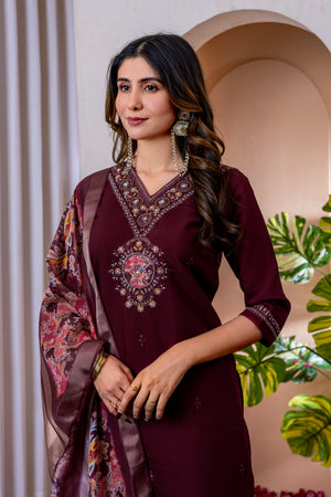 Marina Viscose Silk Embroidered Straight Kurti Set – Wine