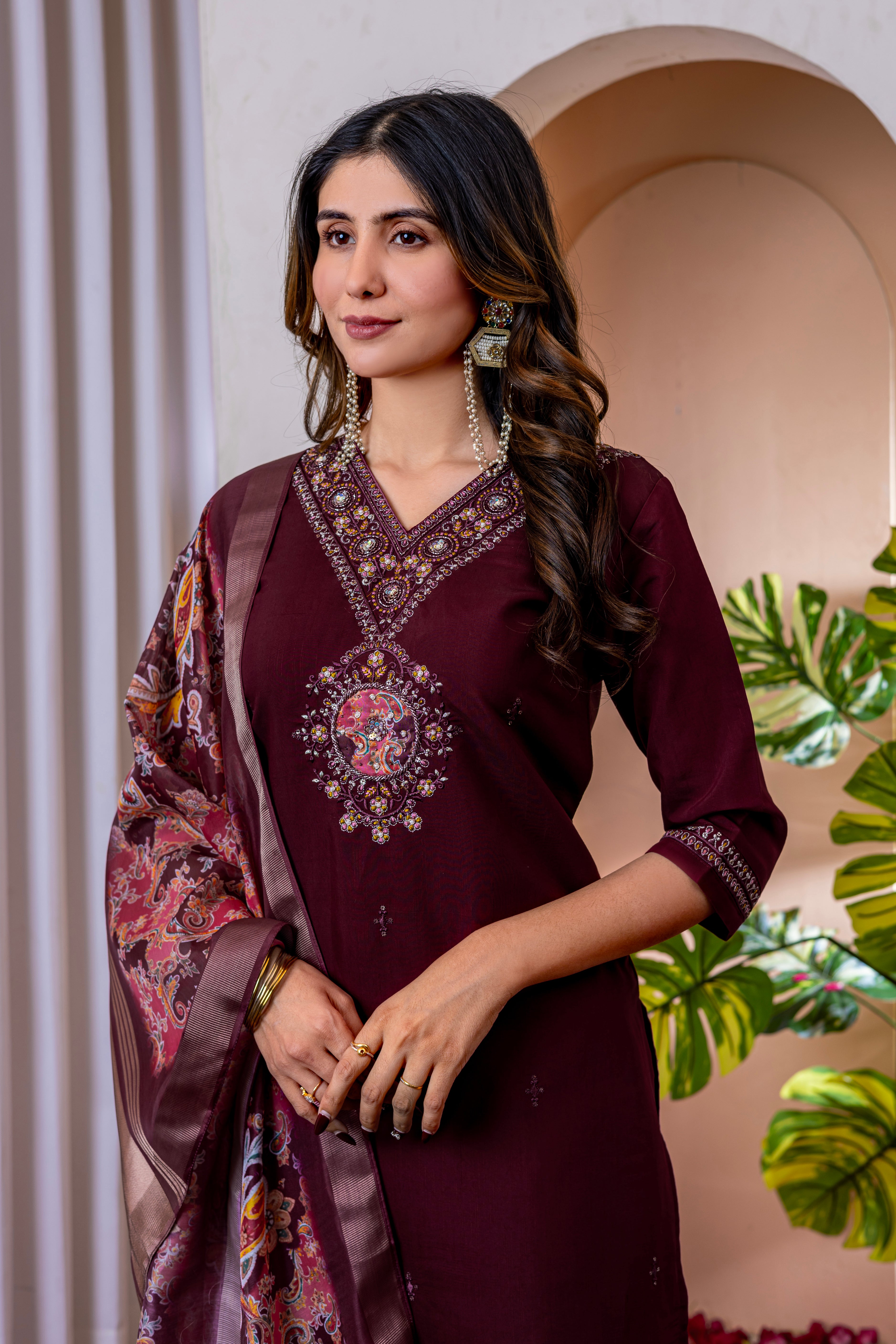Marina Viscose Silk Embroidered Straight Kurti Set – Wine