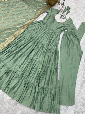 Roman Chanderi Silk Embroidered Anarkali Set – Sea Green