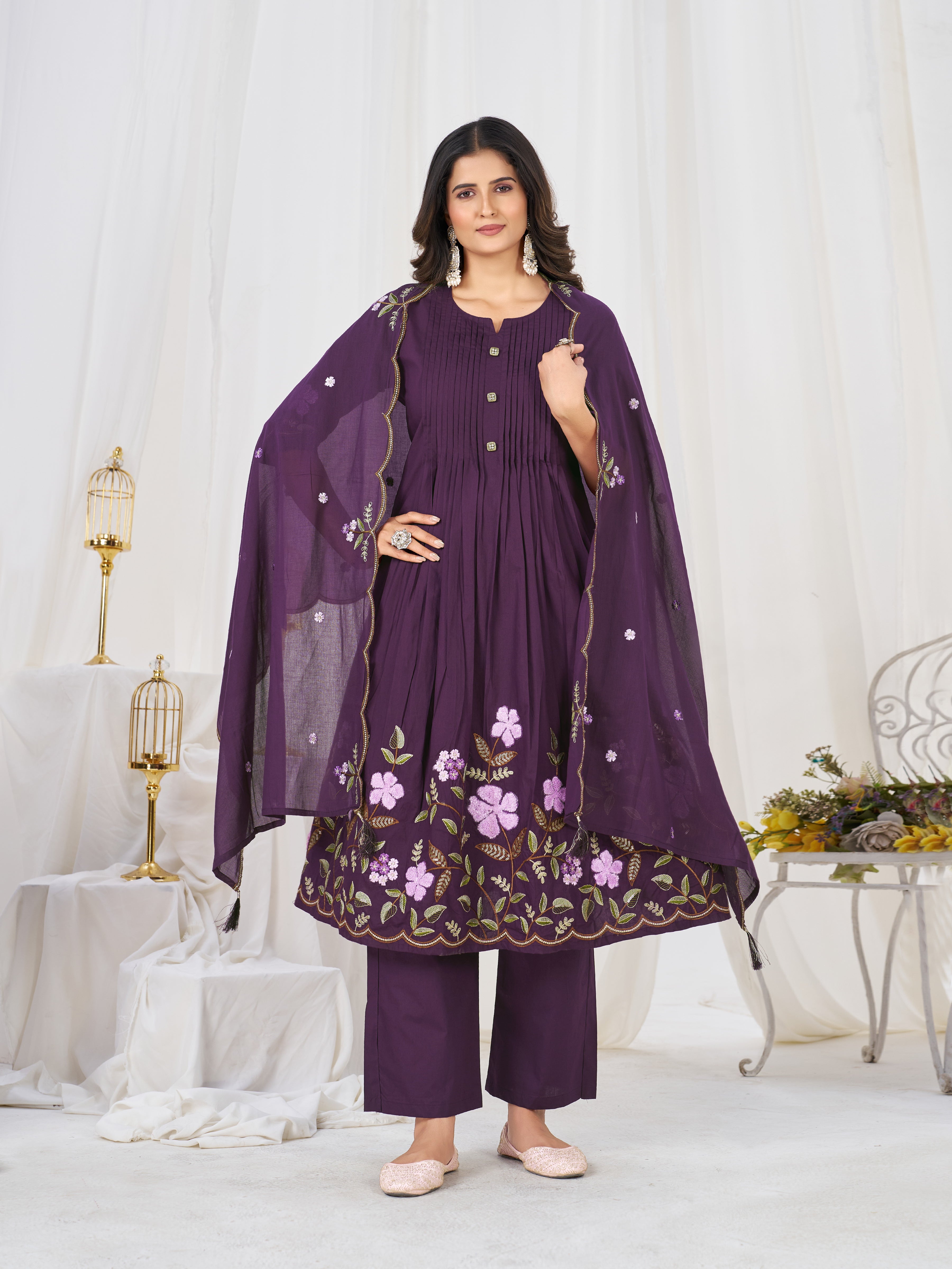 Pure Cotton Embroidered Anarkali Kurti Set – Purple