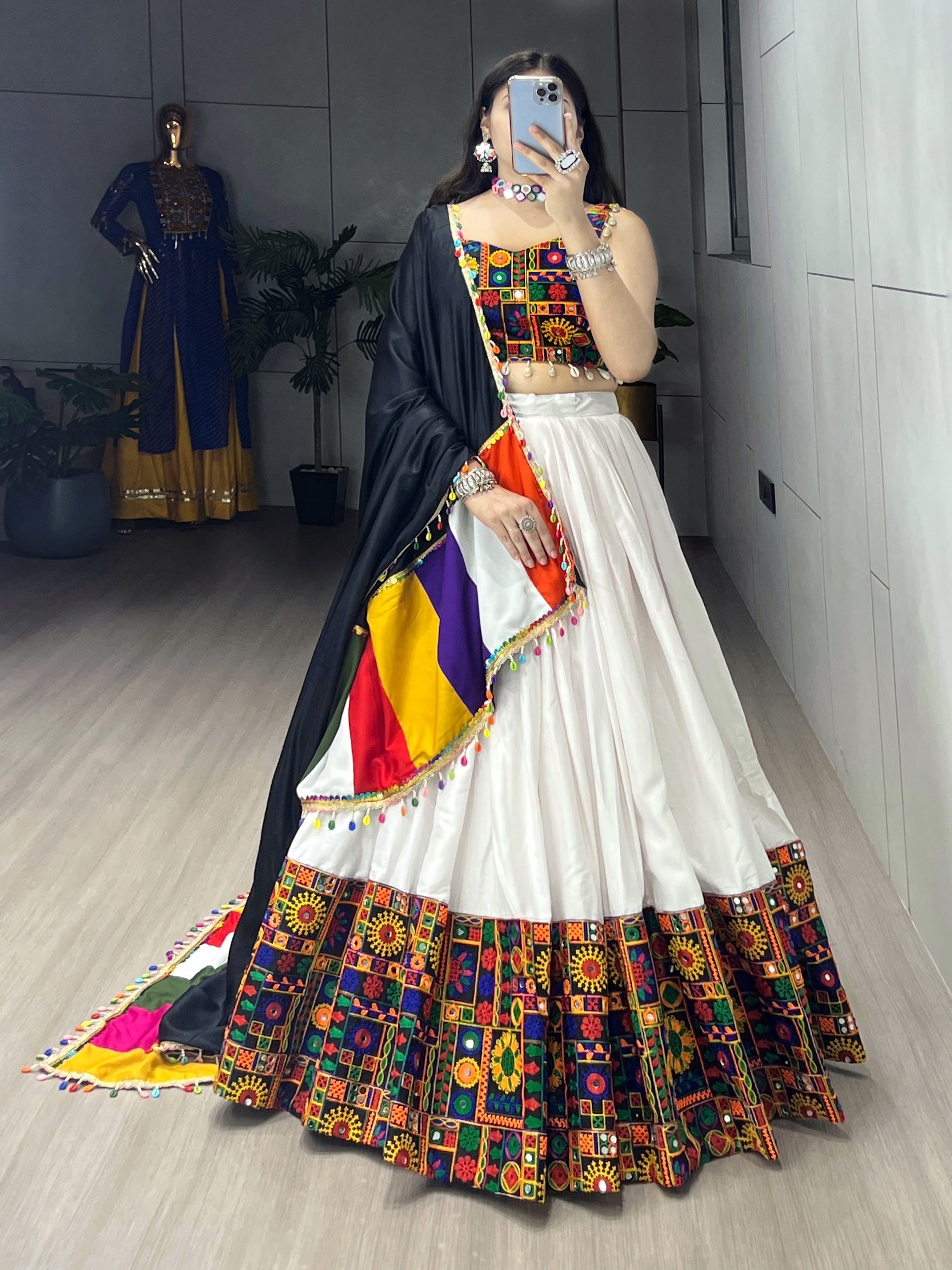 Navratri White Gamthi Mirror Work Lehenga Set