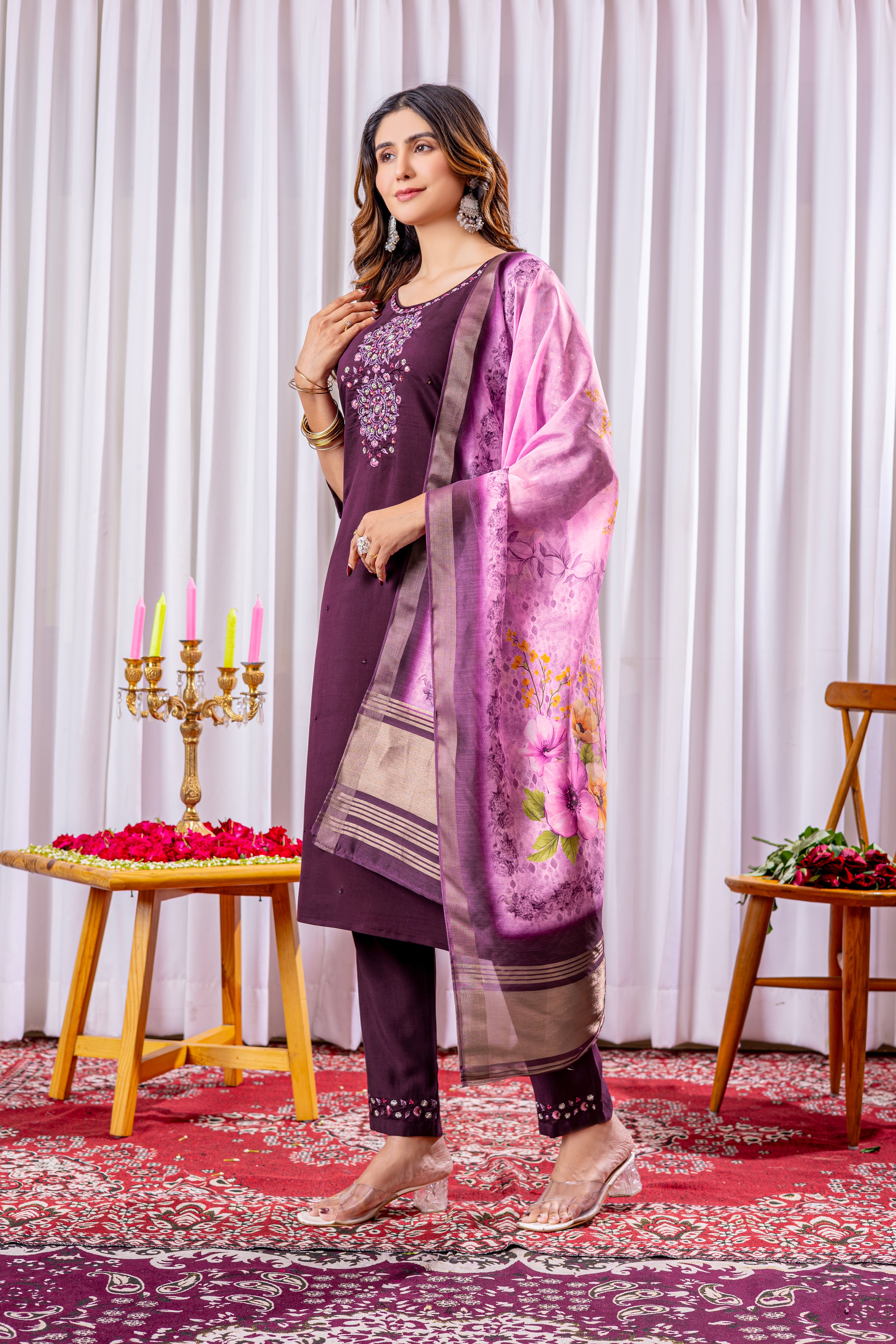 Viscose Silk Embroidered Straight Kurti Set – Wine