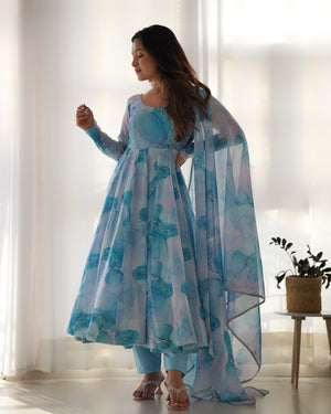 Organza Silk Printed Anarkali Set – Sky Blue