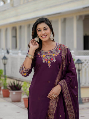 Premium Roman Silk Embroidered Straight Kurti Set – Wine