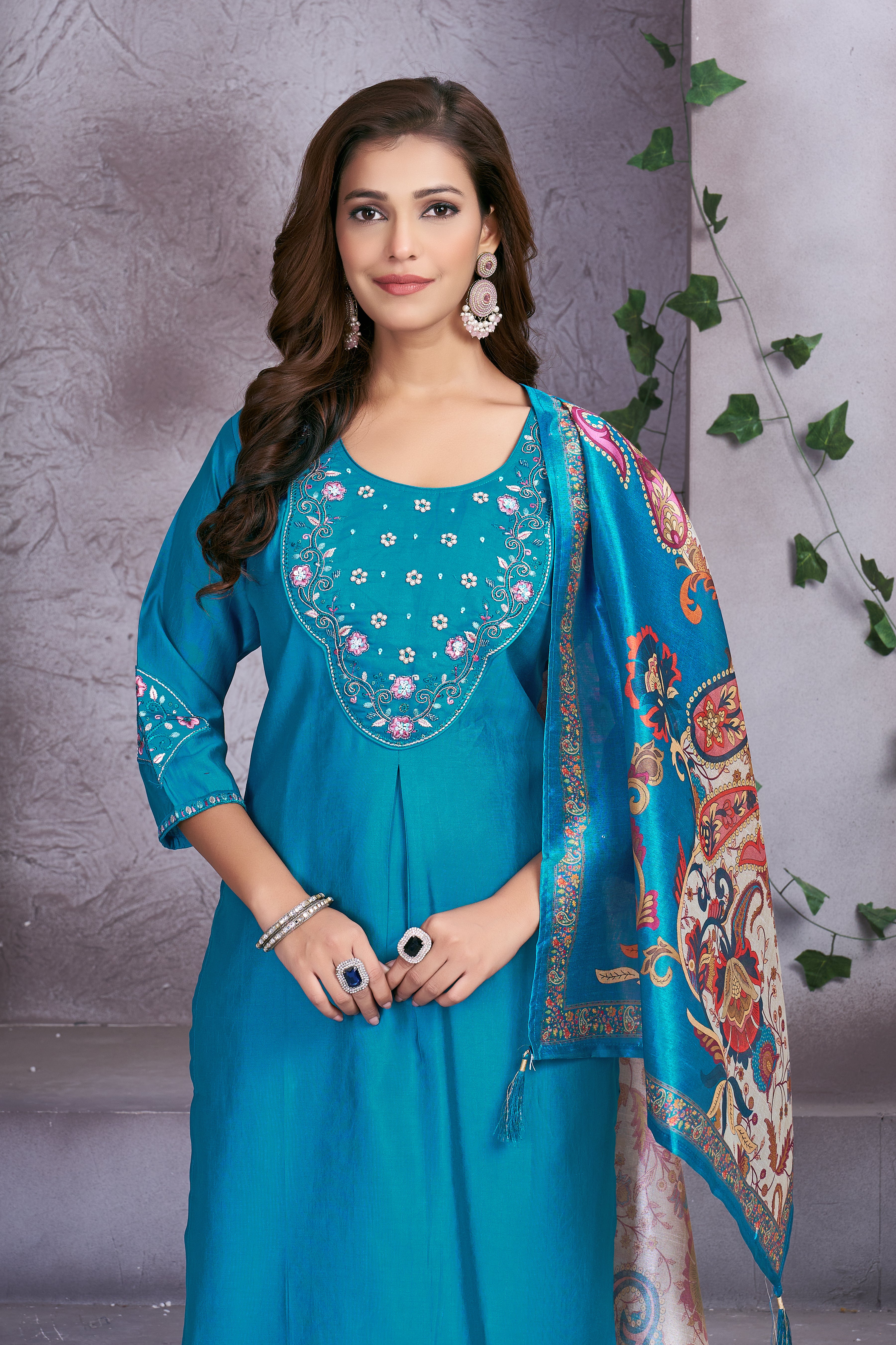 Premium Marina Silk Embroidered Straight Kurti Set – Firozi