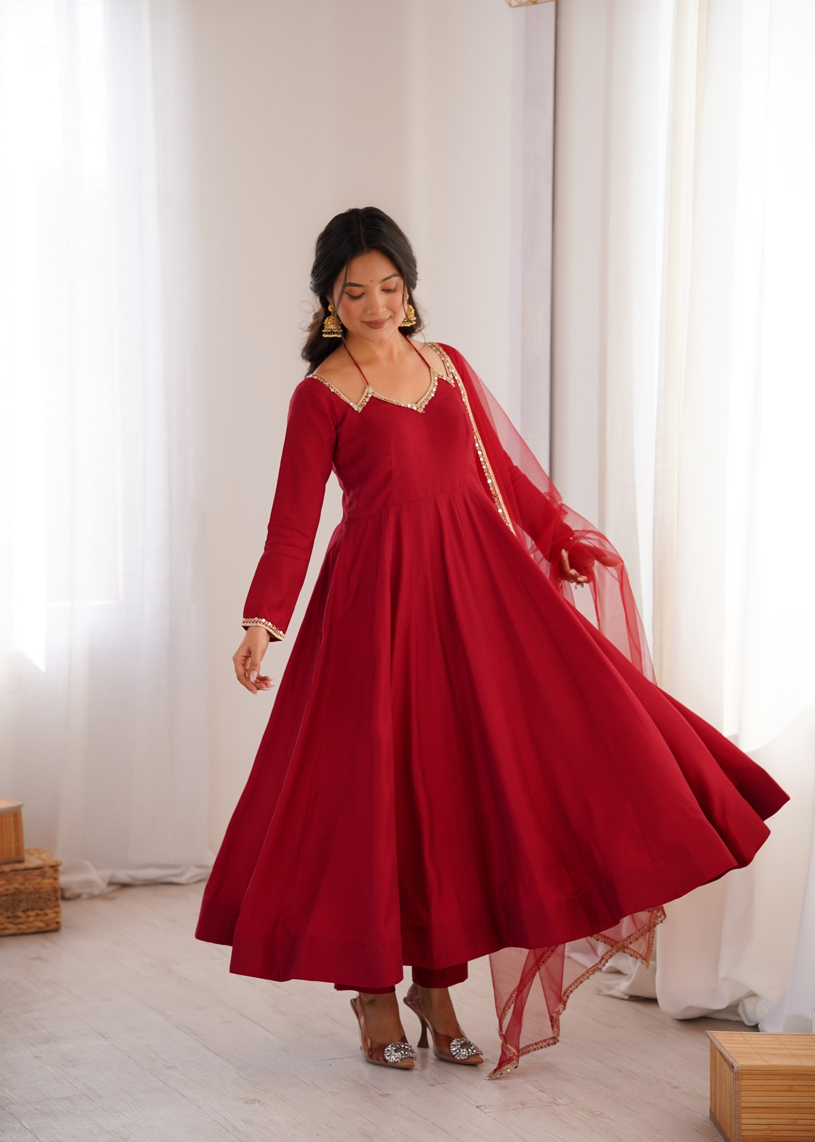 Roman Chanderi Silk Embroidered Anarkali Set – Maroon