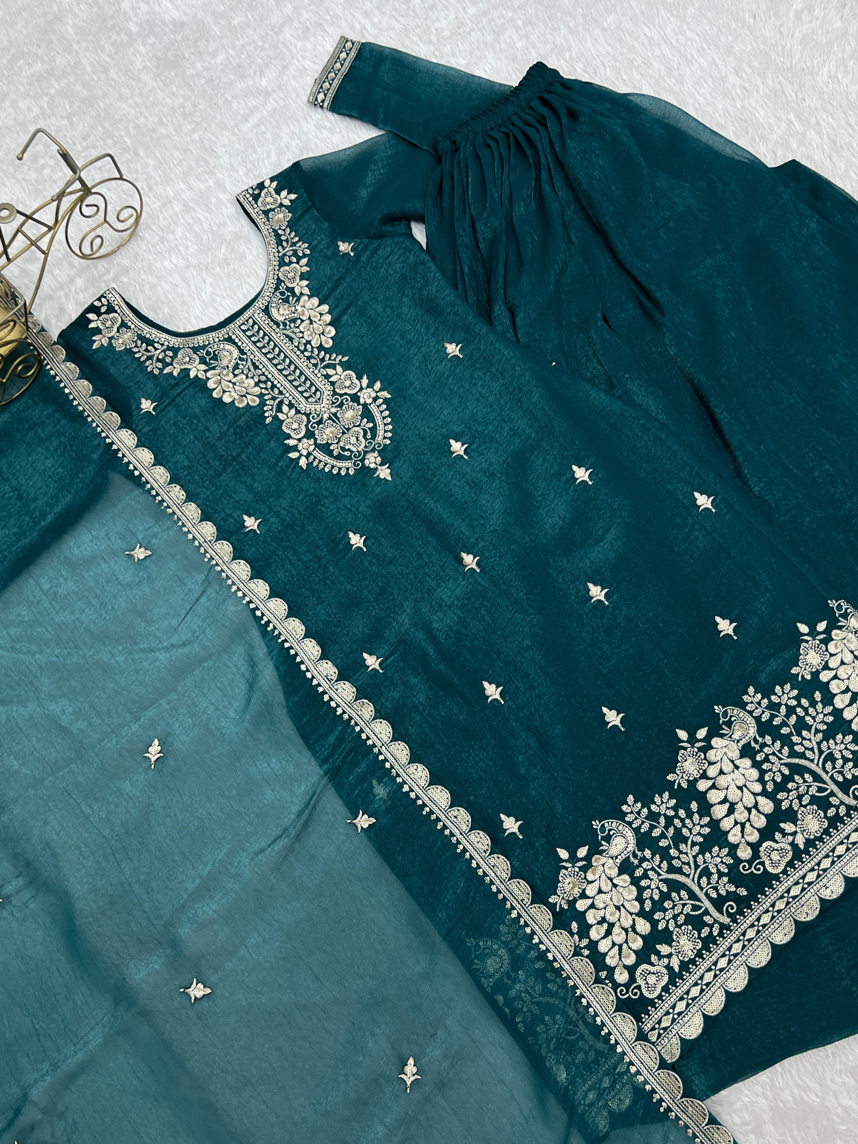 Crunchy Silk Embroidered Sharara Set – Teal Blue