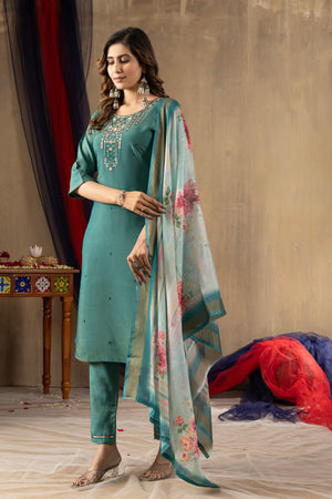 Shimmer Gold Silk Embroidered Straight Kurti Set – Rama Green