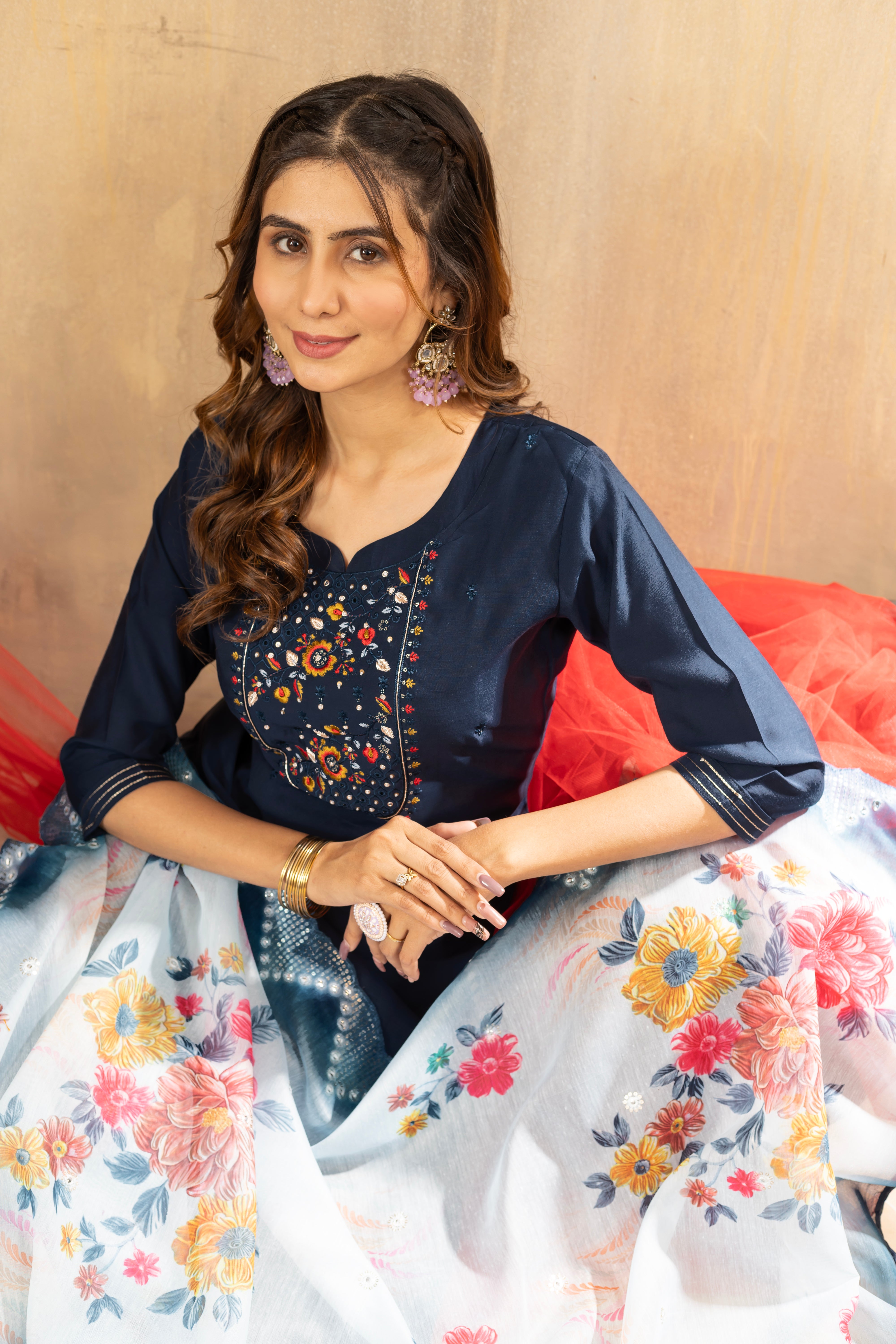 Viscose Mango Silk Embroidered Straight Kurti Set – Navy Blue