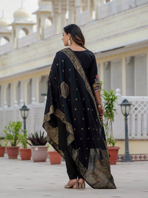 Premium Roman Silk Embroidered Straight Kurti Set – Black