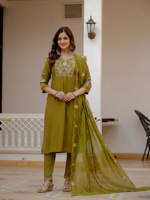 Pure Viscose Mango Silk Embroidered Straight Kurti Set – Mahendi Green