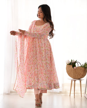Heavy Orange Chiffon Floral Print Printed Anarkali Set – Pink Floral
