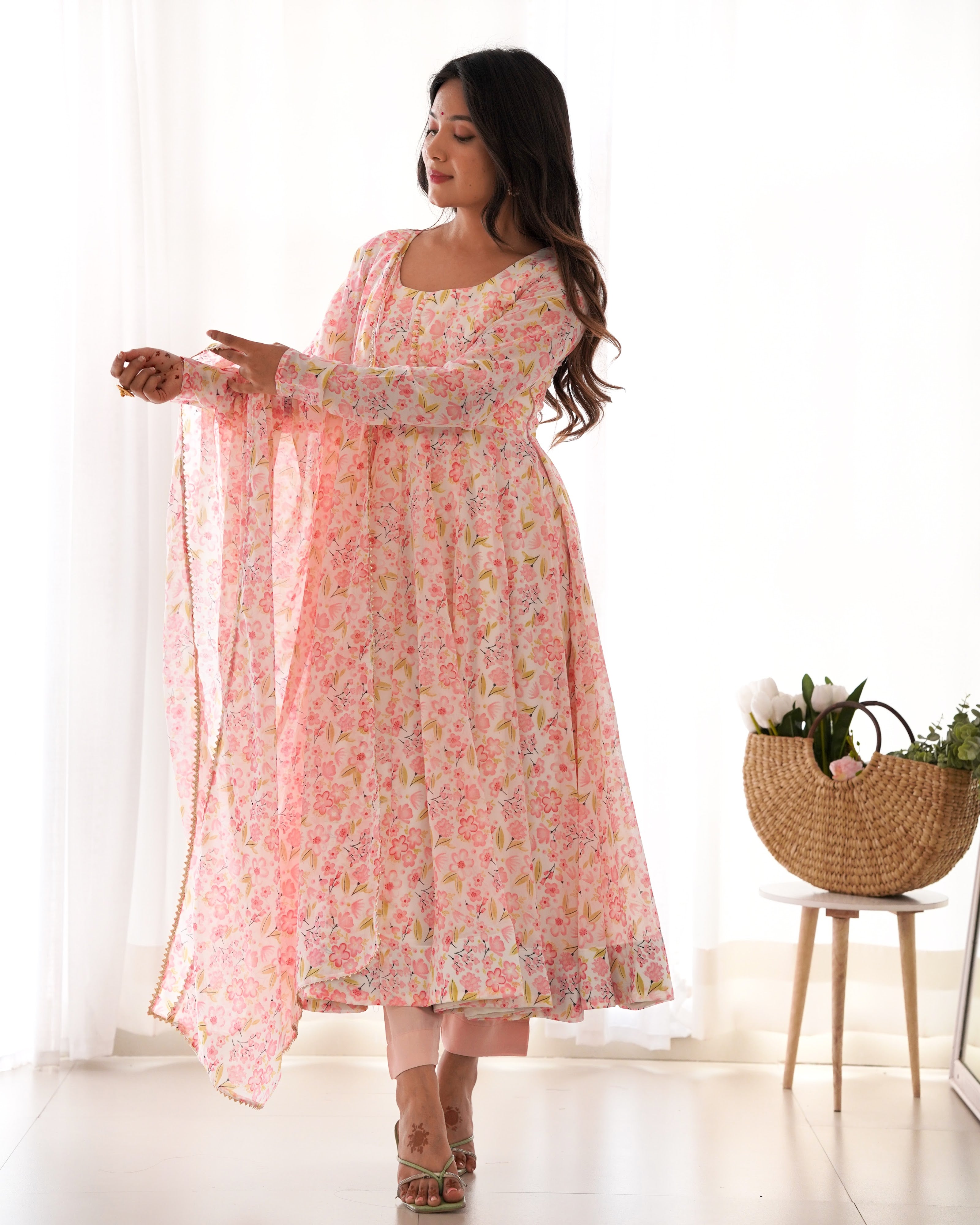 Heavy Orange Chiffon Floral Print Printed Anarkali Set – Pink Floral
