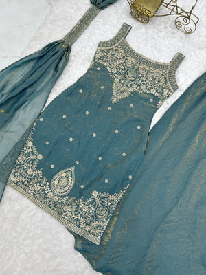Fendy Silk Embroidered Sharara Set – Slate Blue