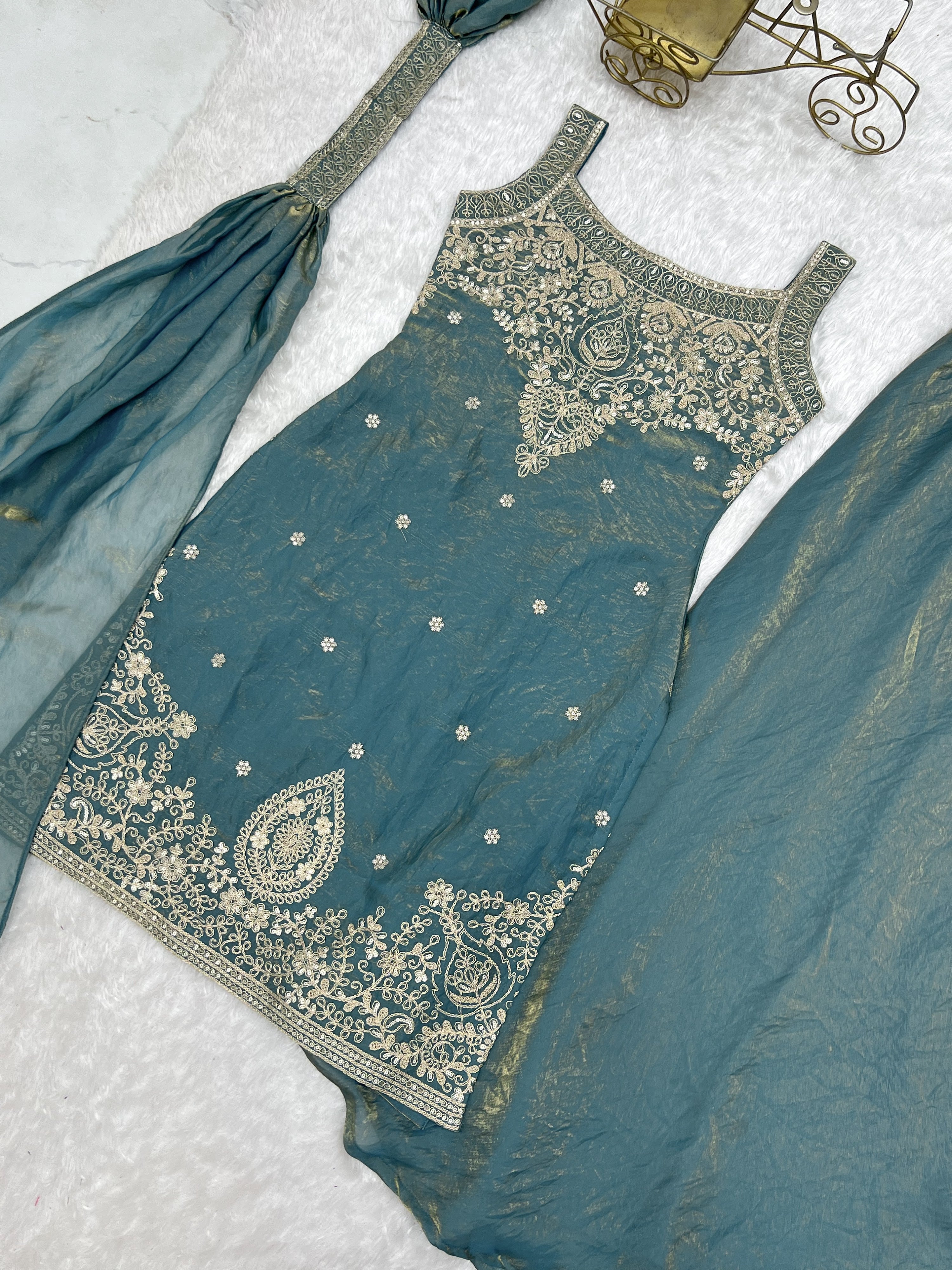 Fendy Silk Embroidered Sharara Set – Slate Blue
