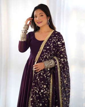 Georgette Embroidered Gown Set – Wine