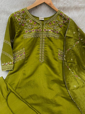 Viscose Mango Silk Embroidered Anarkali Kurti Set – Mahendi Green