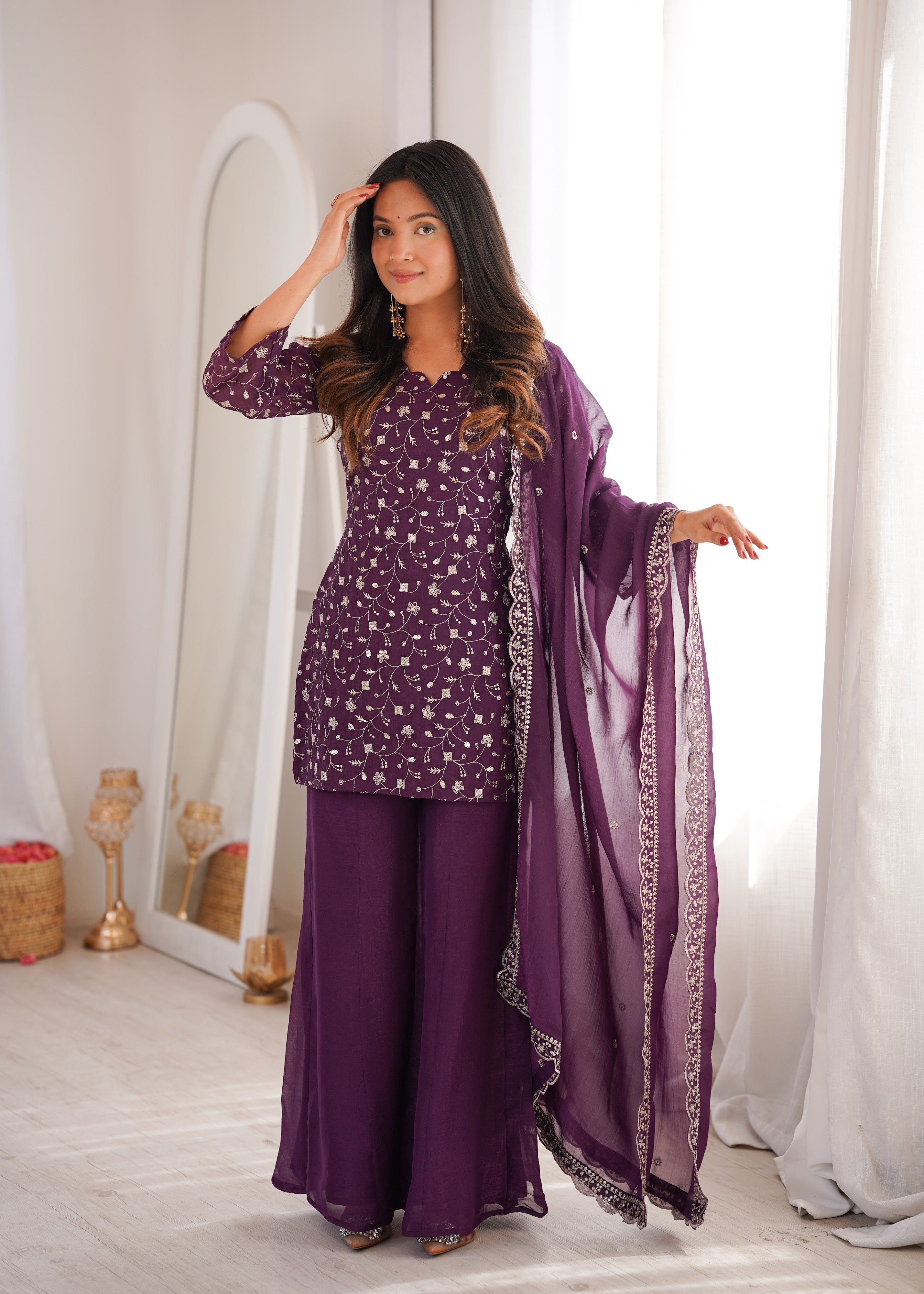 Crunchy Silk Embroidered Bell Bottom Set – Wine