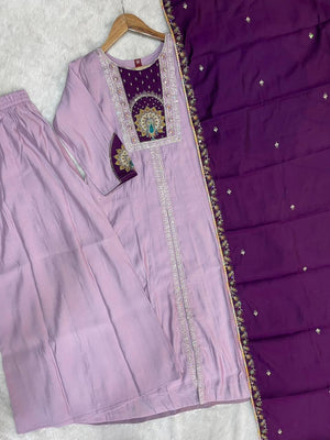 Roman Silk Embroidered Anarkali Kurti Set – Light Lovender
