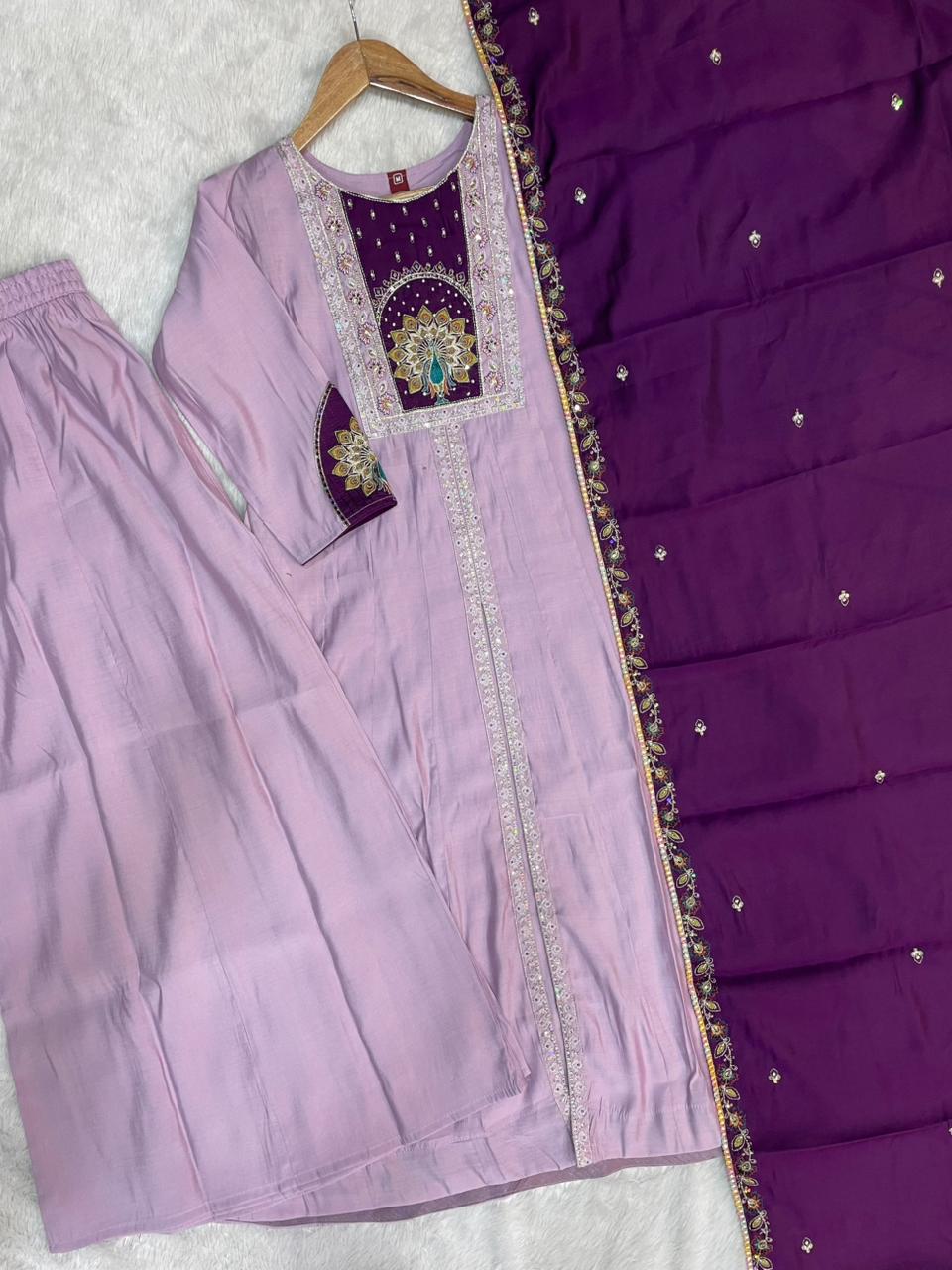 Roman Silk Embroidered Anarkali Kurti Set – Light Lovender