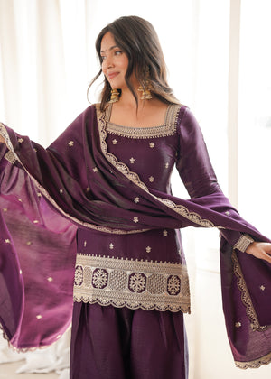 Glass Roman Silk Embroidered Kurta-Farshi Set – Purple