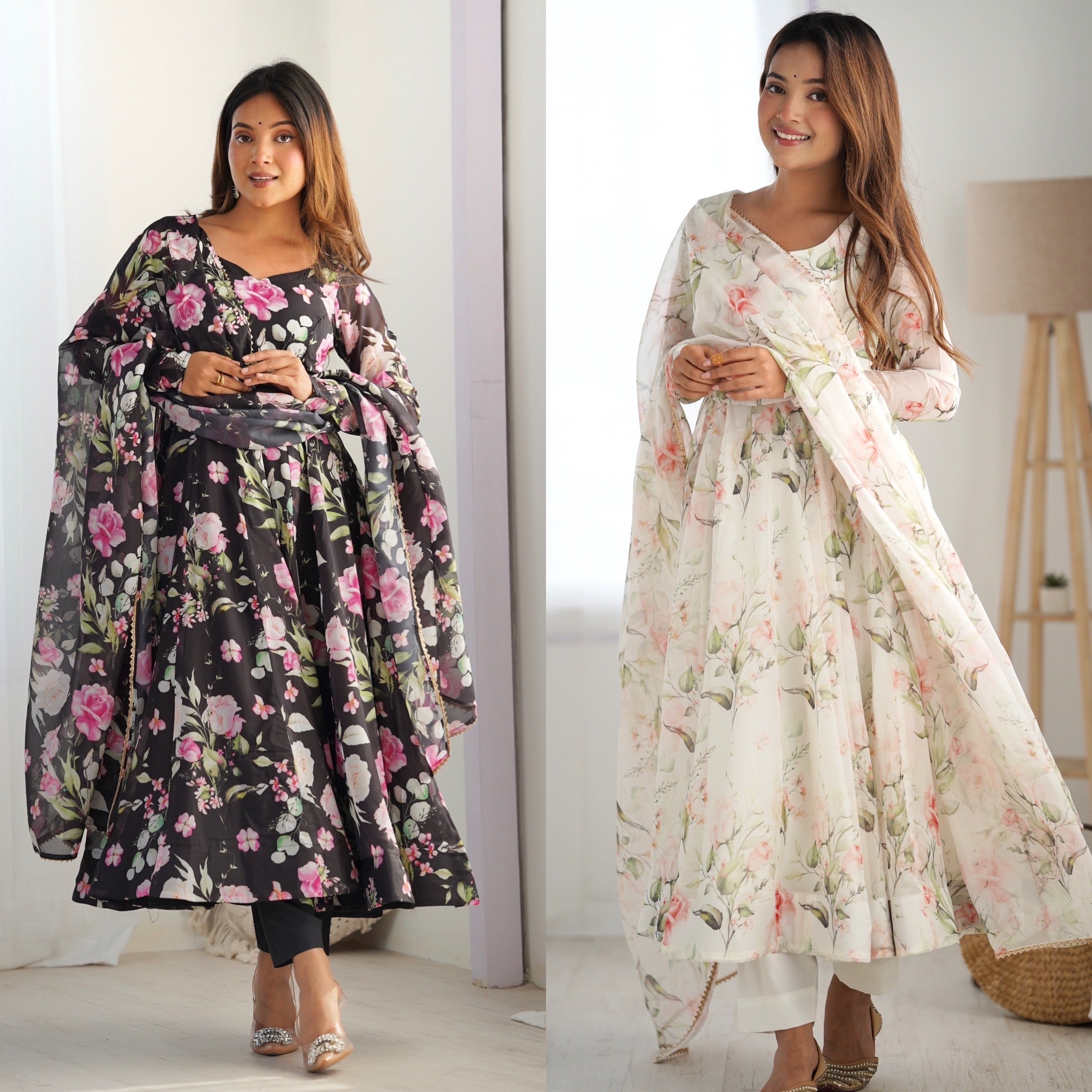 Organza Silk Printed Anarkali Set – Off White