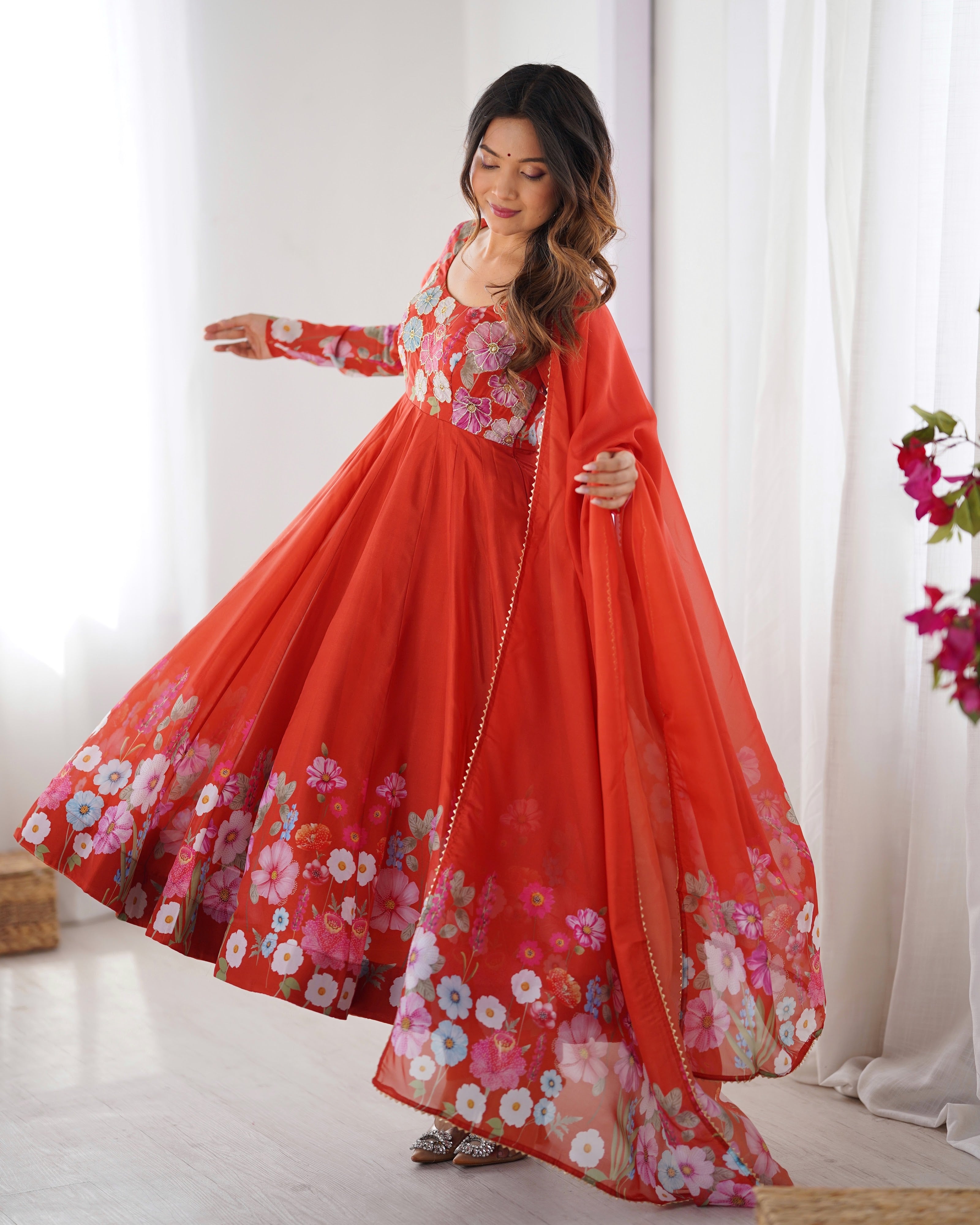 Organza Silk Printed Anarkali Set – Rust