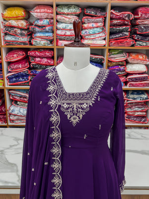 Georgette Embroidered Anarkali Set – Purple