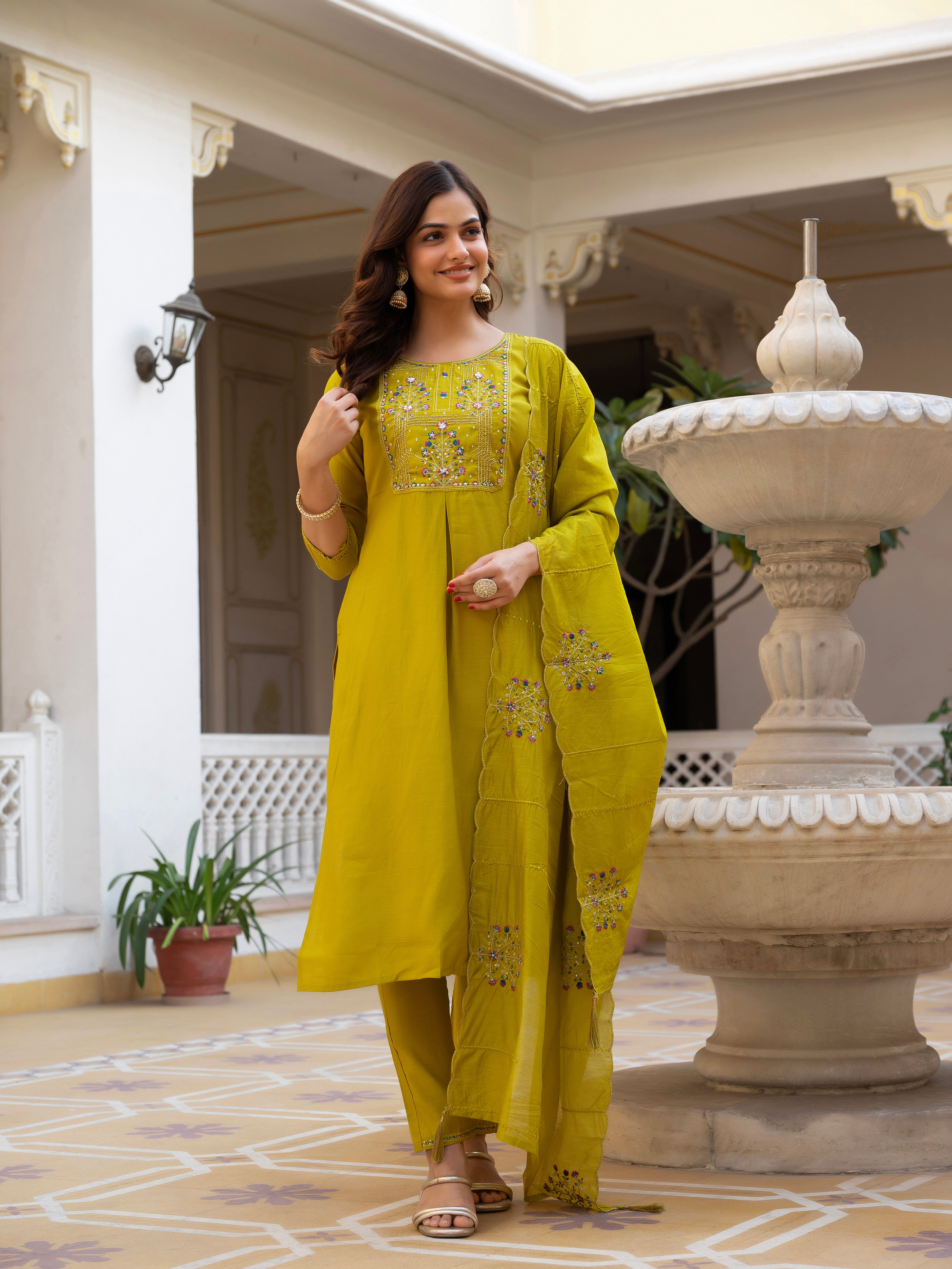 Pure Viscose Mango Silk Embroidered Straight Kurti Set – Yellow