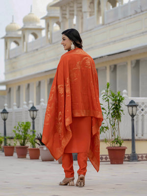 Premium Roman Silk Embroidered Straight Kurti Set – Orange