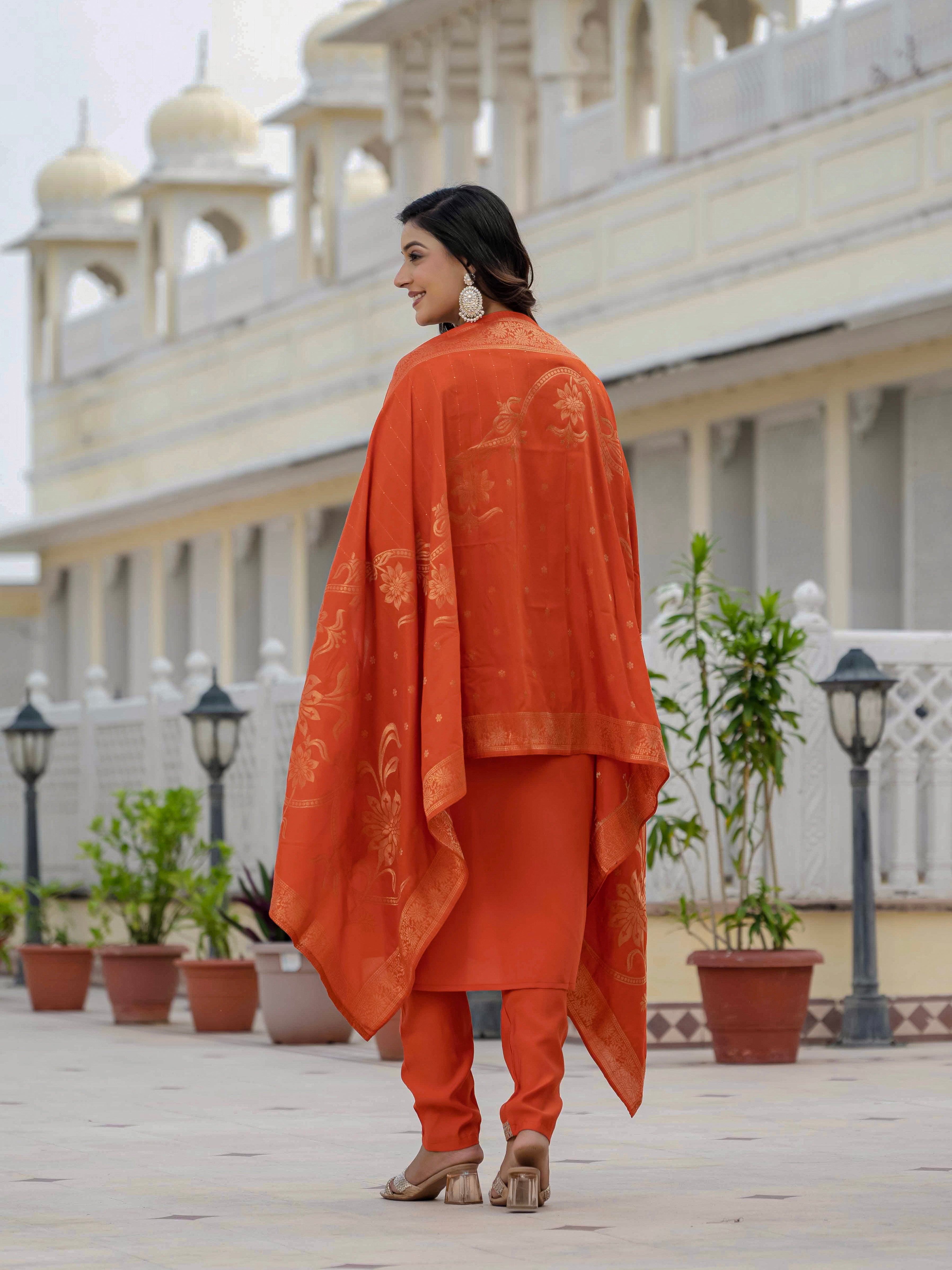 Premium Roman Silk Embroidered Straight Kurti Set – Orange