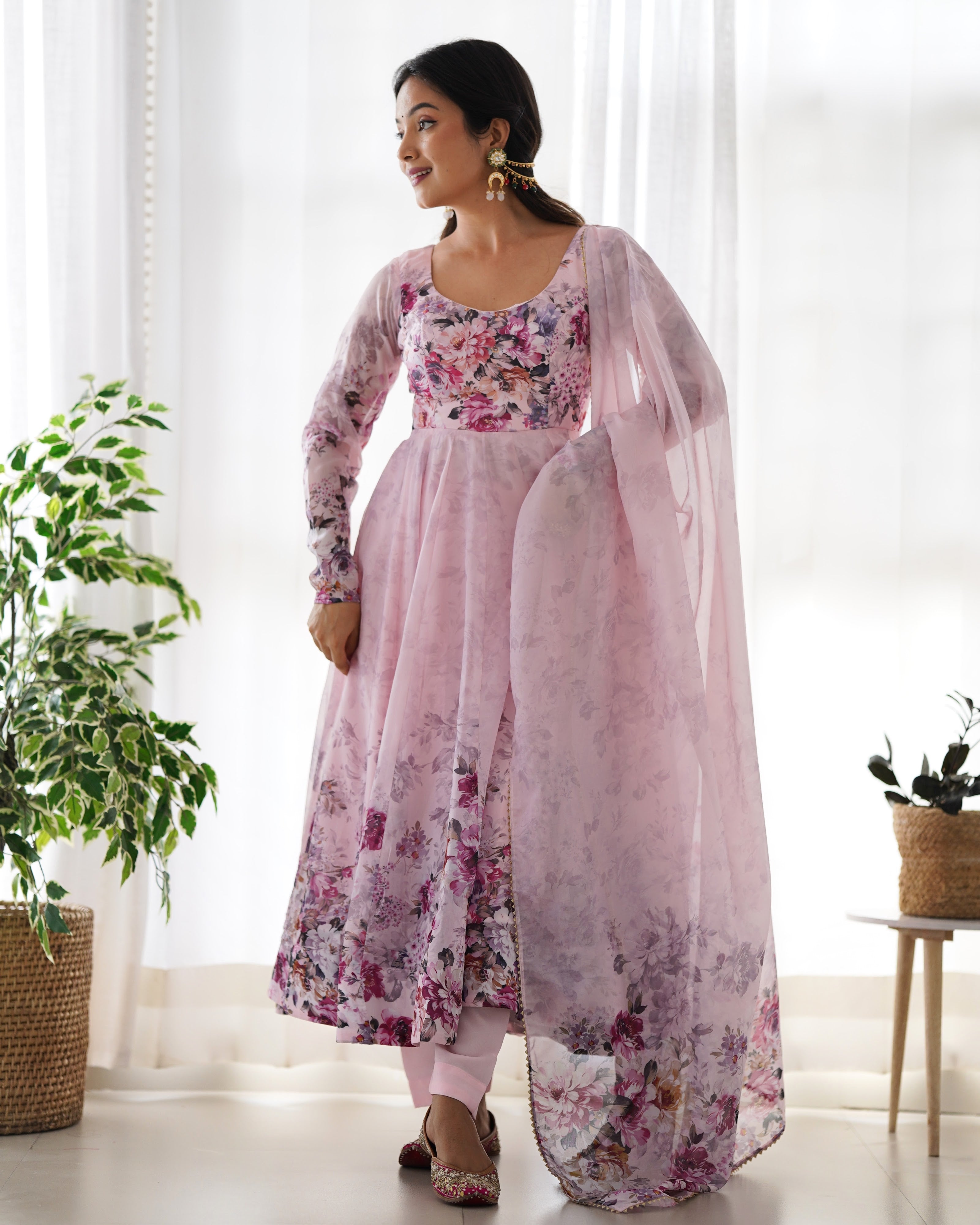 Organza Silk Printed Anarkali Set – Pink