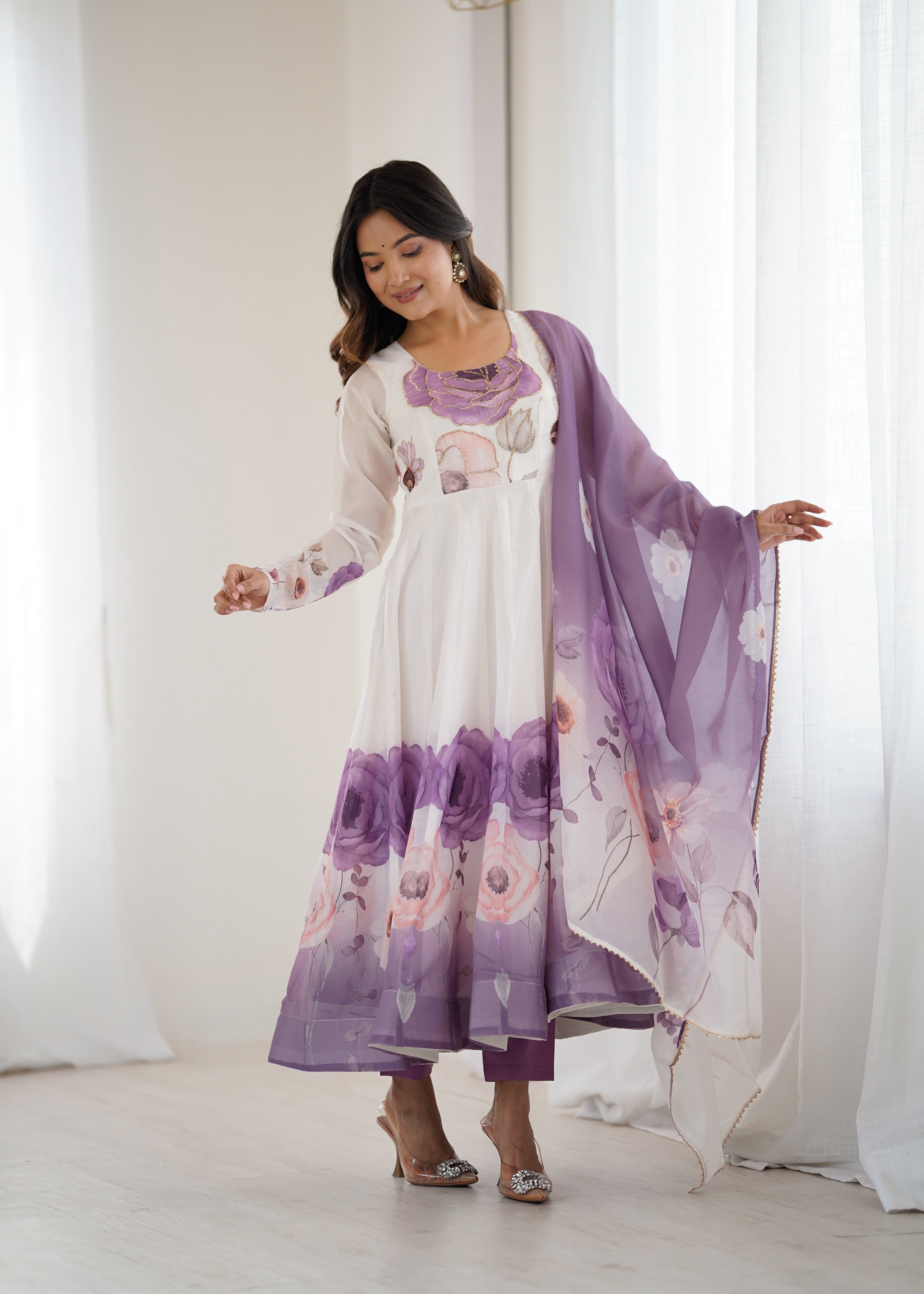 Organza Silk Printed Anarkali Set – Lilac Floral