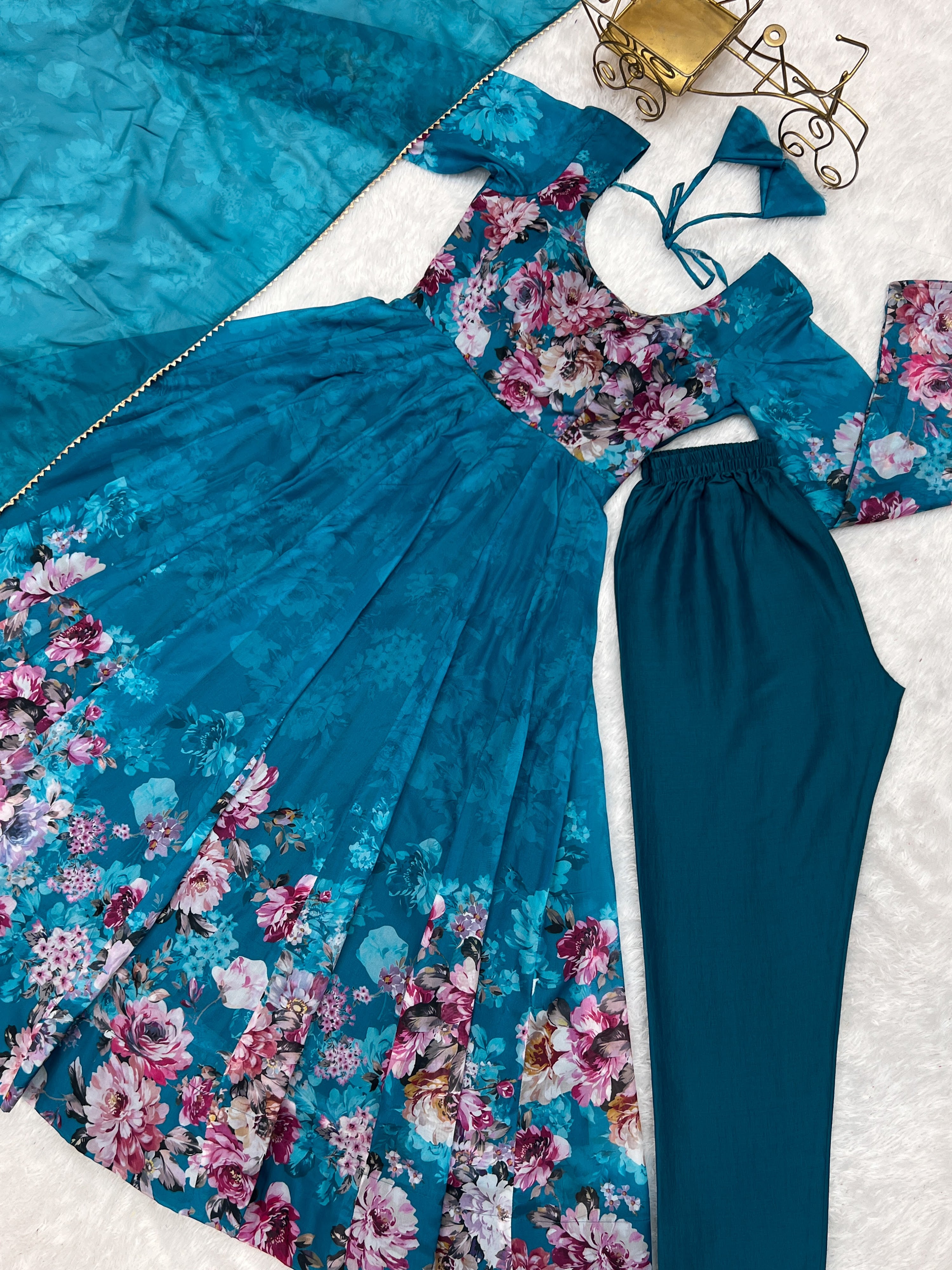 Organza Silk Printed Anarkali Set – Blue