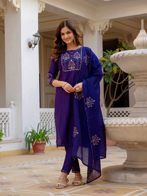 Pure Viscose Mango Silk Embroidered Straight Kurti Set – Violet