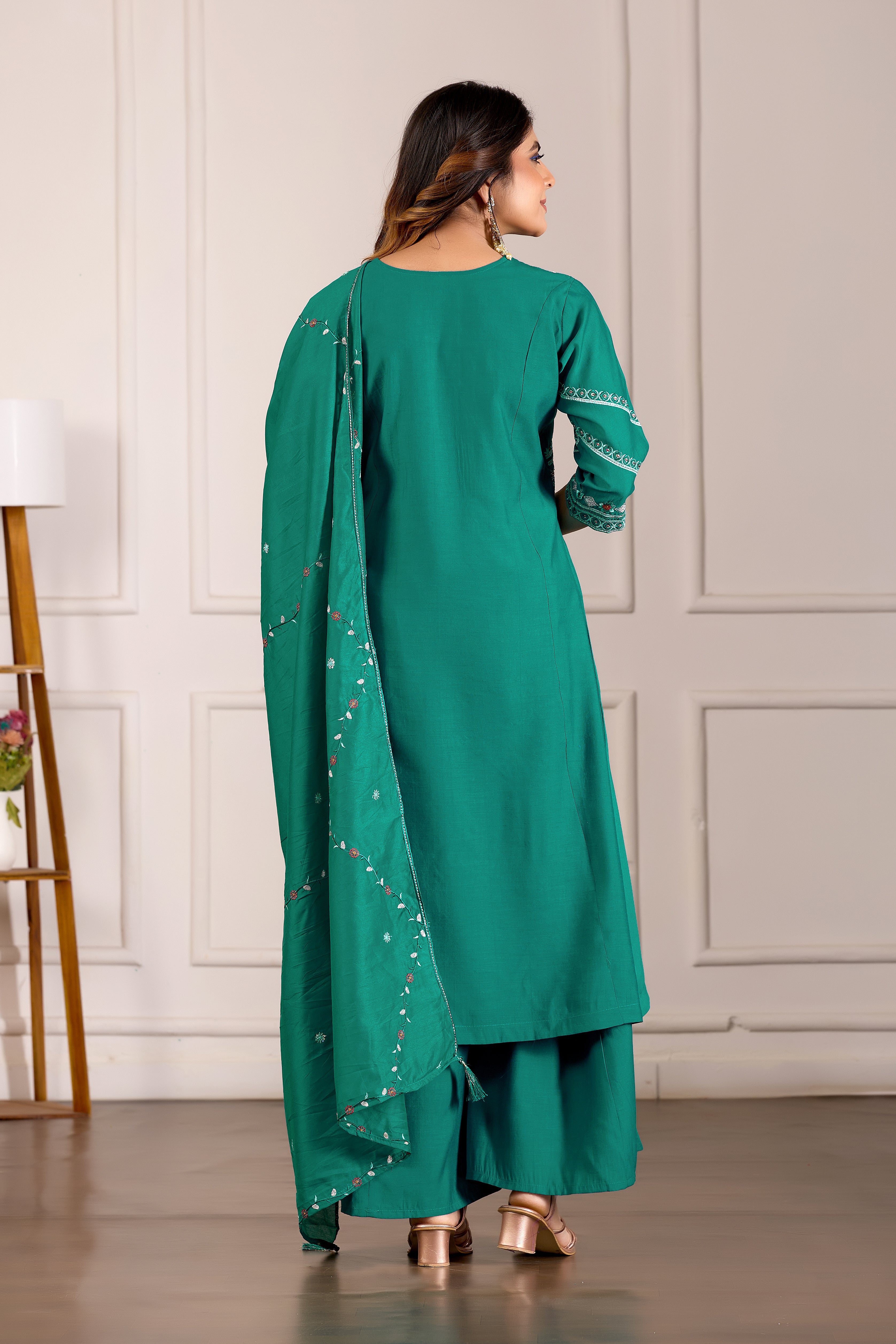 Viscose Mango Silk Embroidered Anarkali Kurti Set – Rama Green