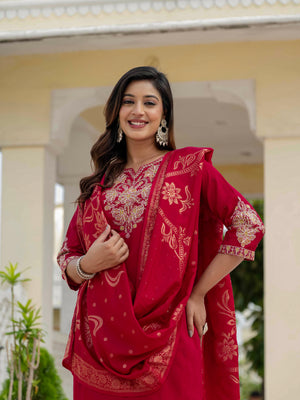 Premium Roman Silk Embroidered Straight Kurti Set – Maroon