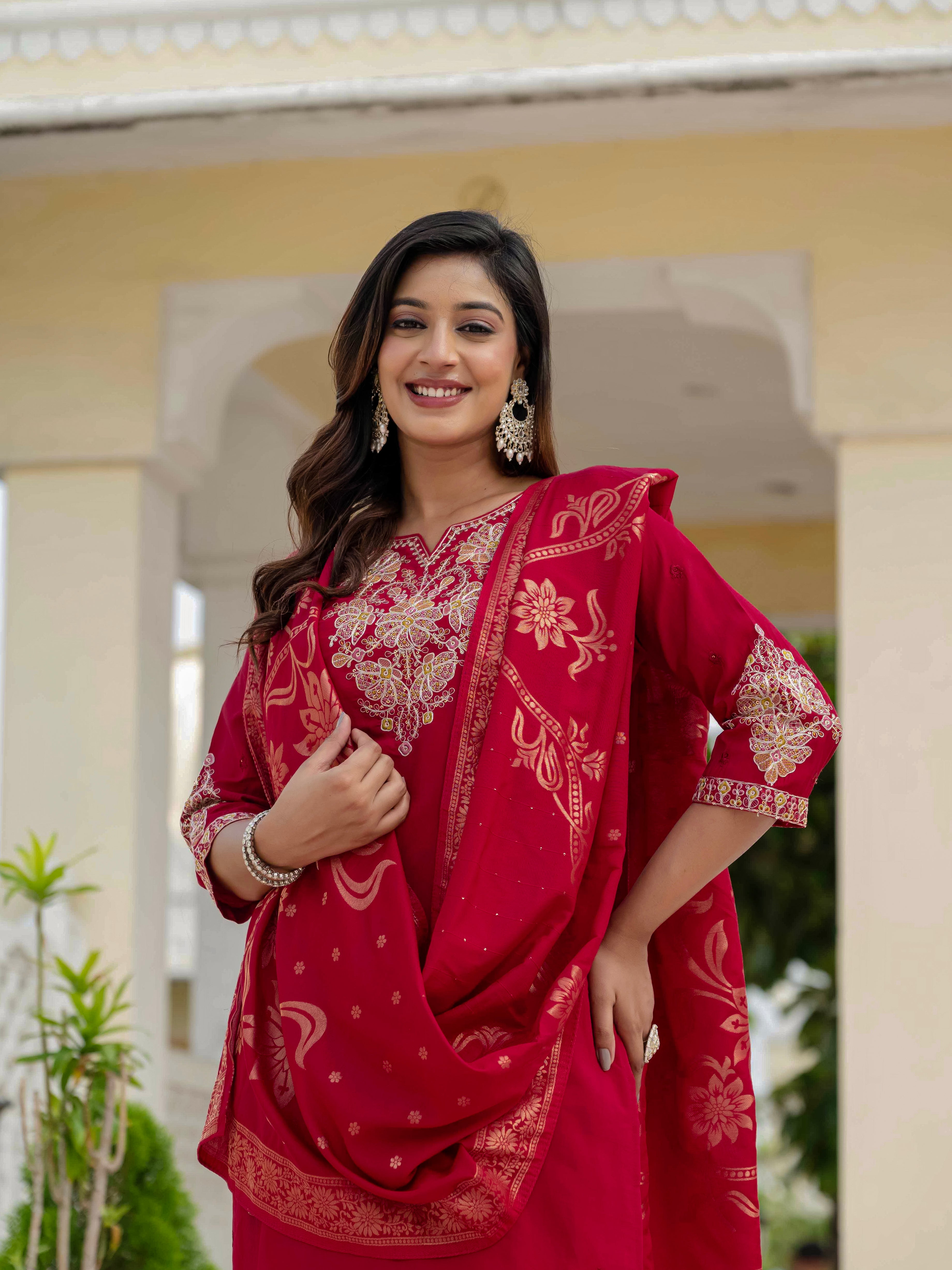 Premium Roman Silk Embroidered Straight Kurti Set – Maroon