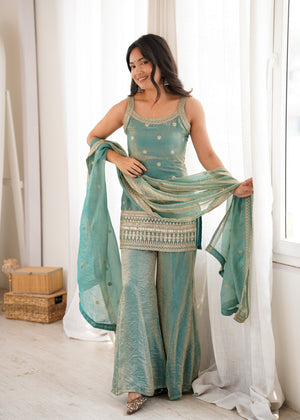 Frendy Silk Embroidered Bell Bottom Set – Sea Green