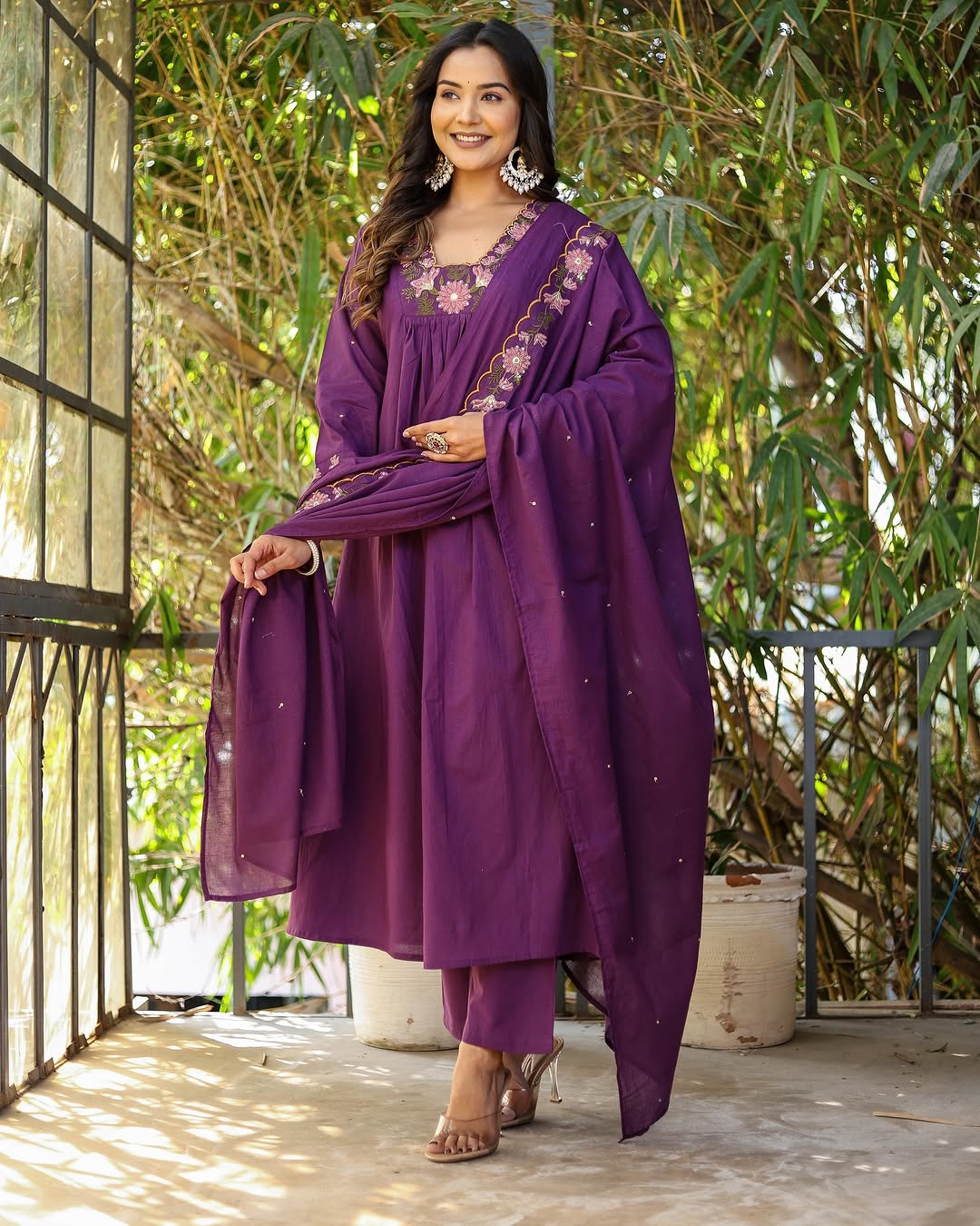 Soft Rayon Slub Embroidered Kurta Pant Dupatta Set – Purple