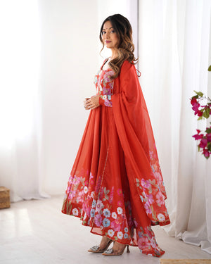 Organza Silk Printed Anarkali Set – Rust